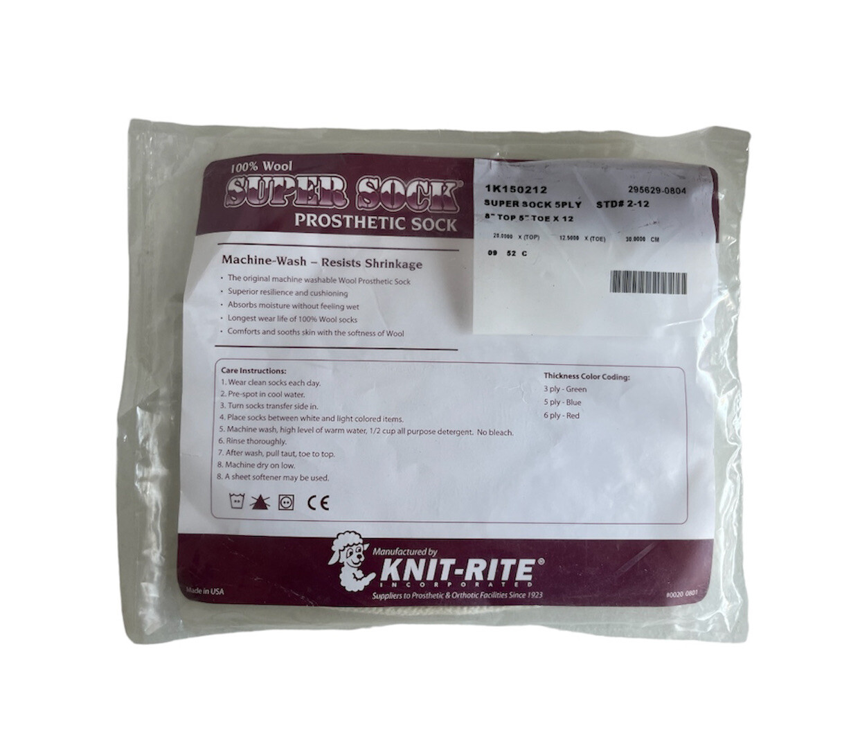 Knit-Rite Prosthetic Super Sock Wool 8” Top 5” Toe x 12” 1K150212 5 PLY