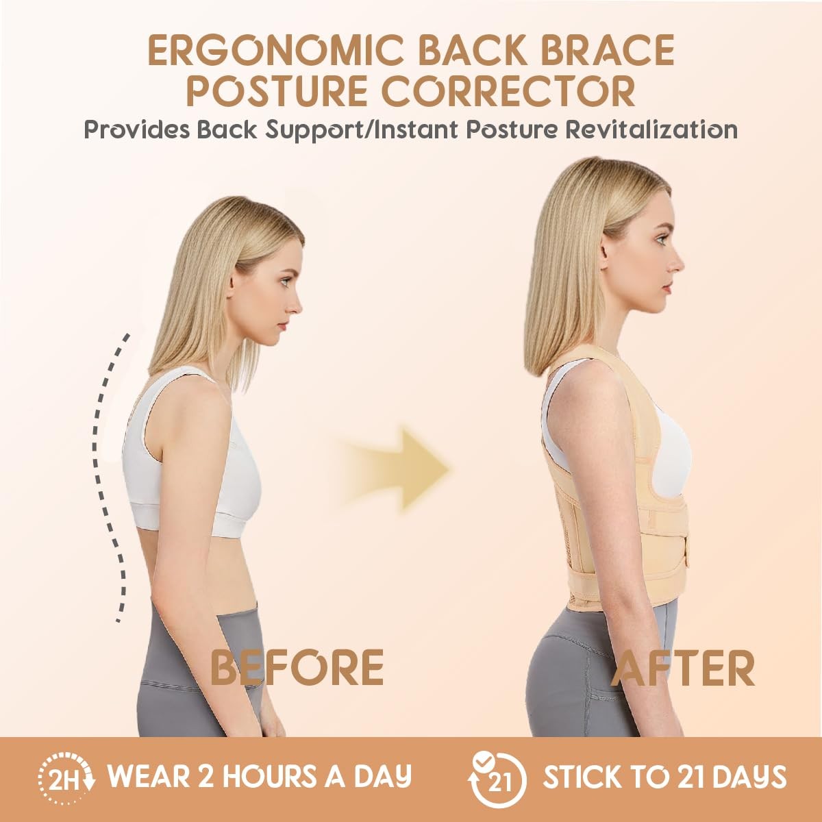 HUENIMY Posture Corrector Full Back Brace Adjustable Back Support – Beige Small