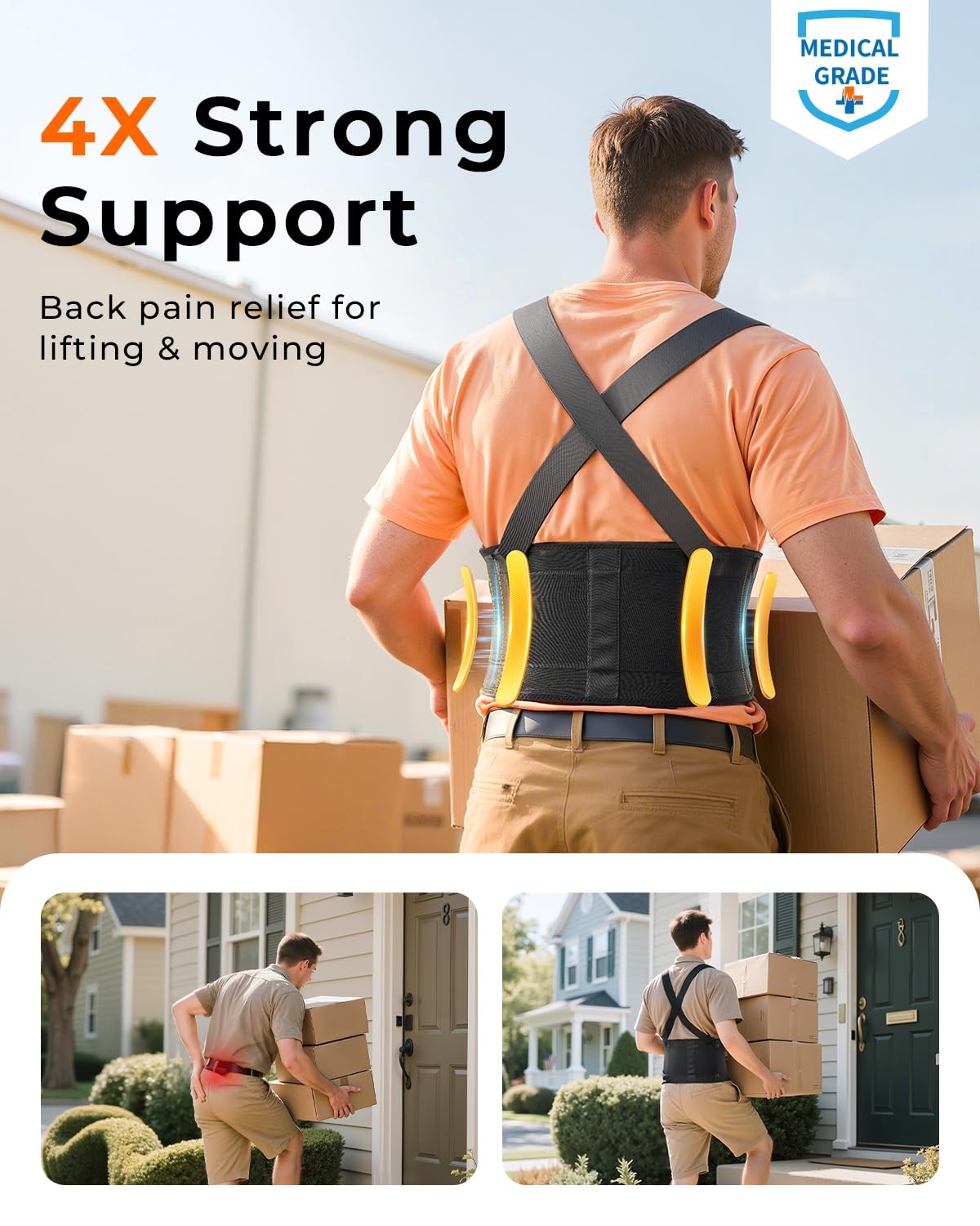Work Back Brace with Adjustable Shoulder Straps Breathable Mesh Support Belt
