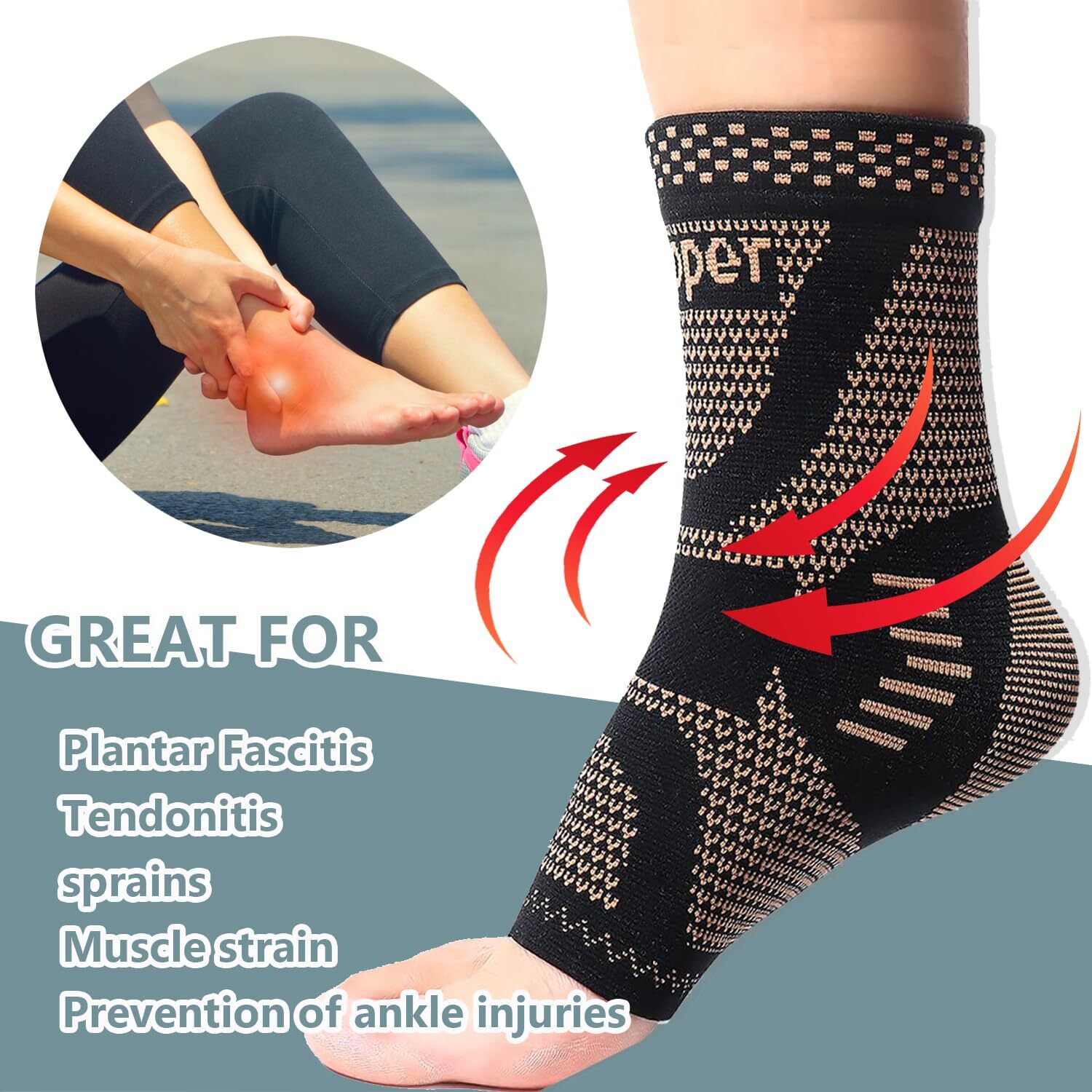Copper Compression Sleeve Ankle Support Socks Foot Fasciitis for Pain Relief