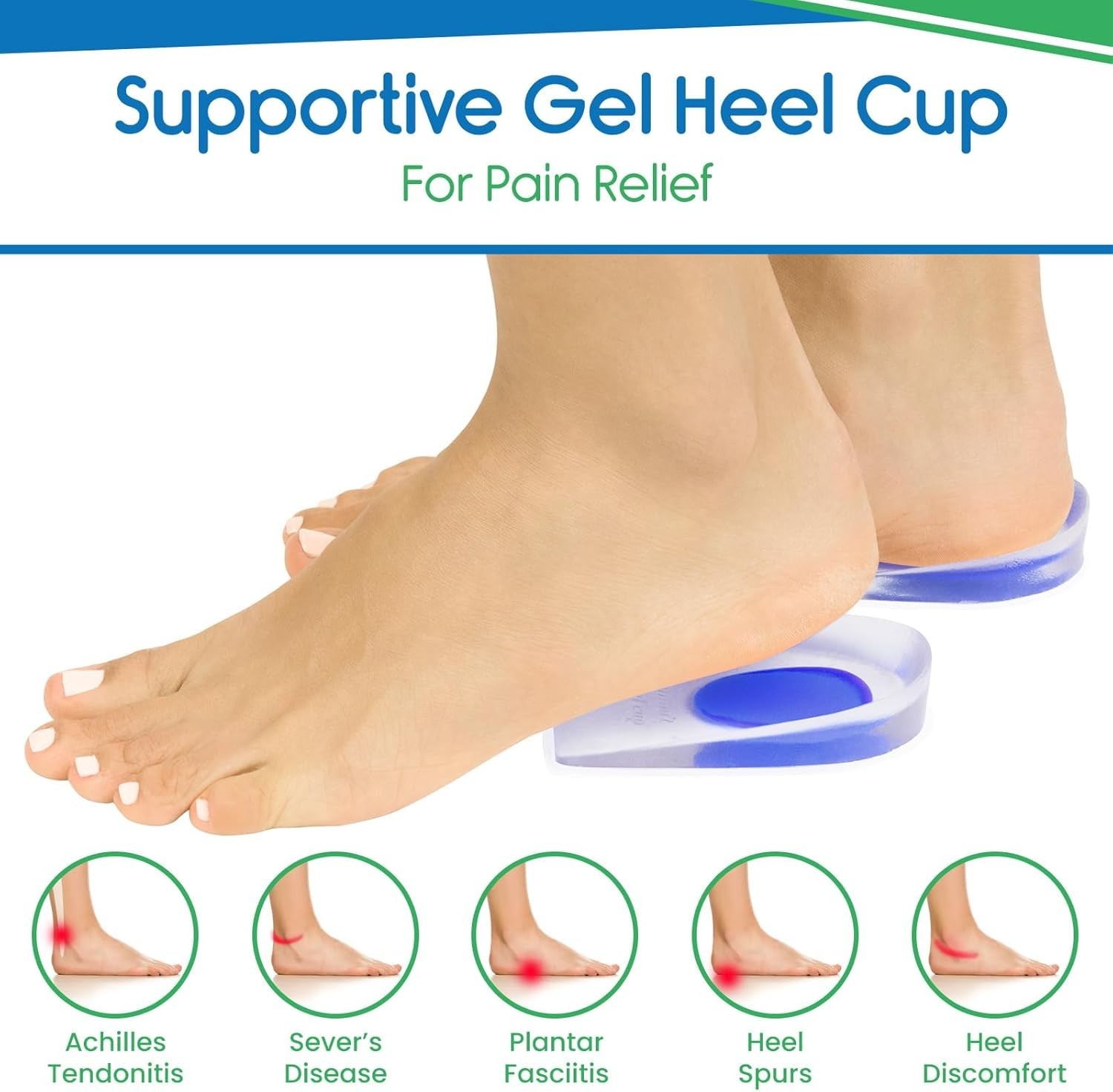 Gel Heel Cups – Silicone Cushion Inserts for Plantar Fasciitis Relief, Blue, S/M