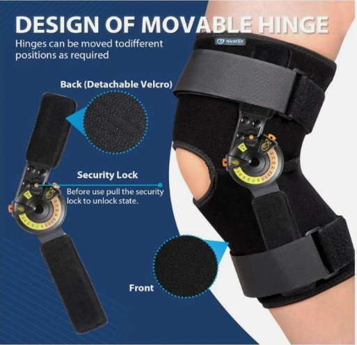 Nvorliy Unisex Adult Black Adjustable Hinged ROM Knee Brace Size XL Adjustable