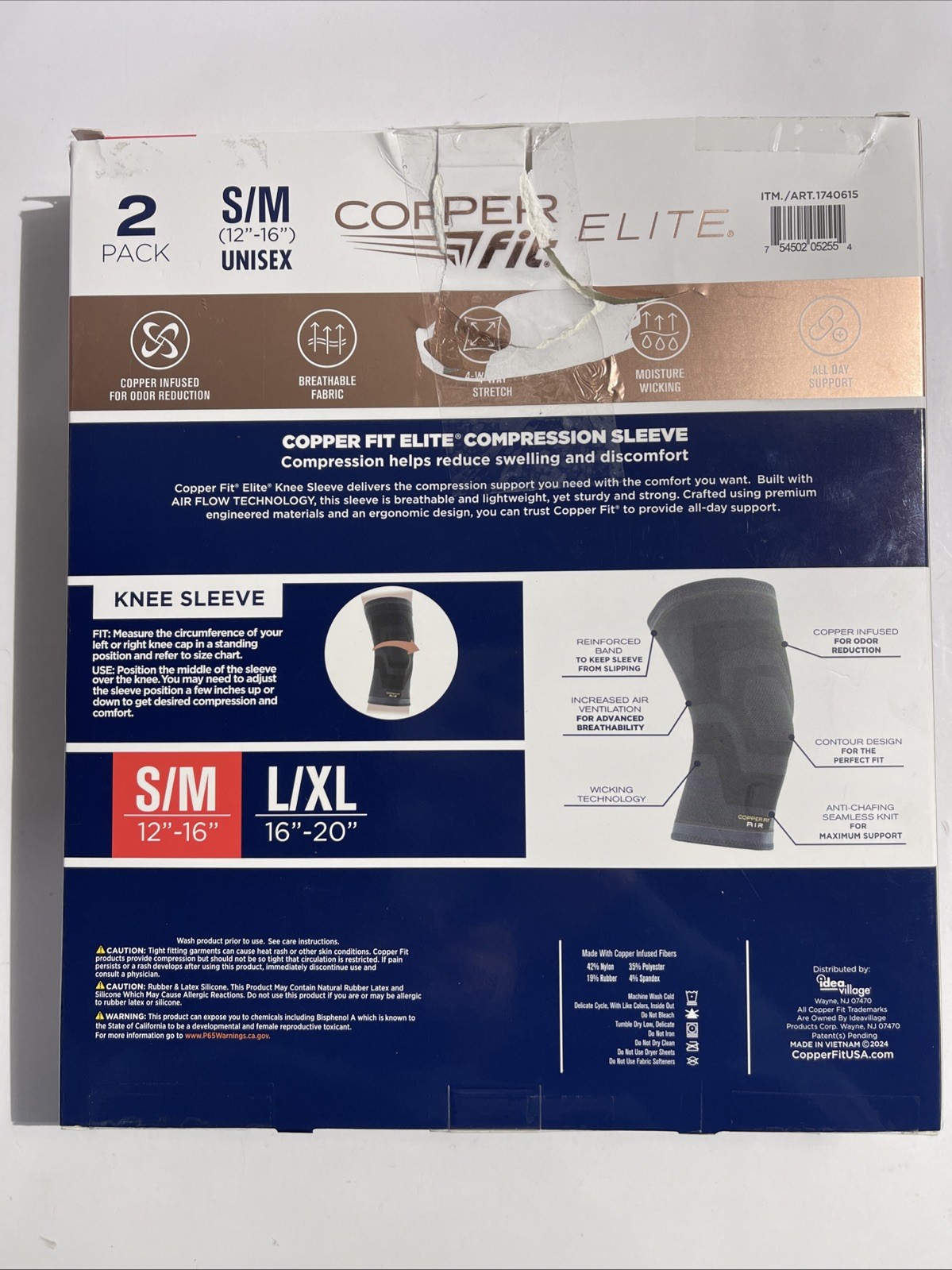 Elite Copper Fit Knee Compression Sleeve Flexible S/M 12″-16″, 2-PACK