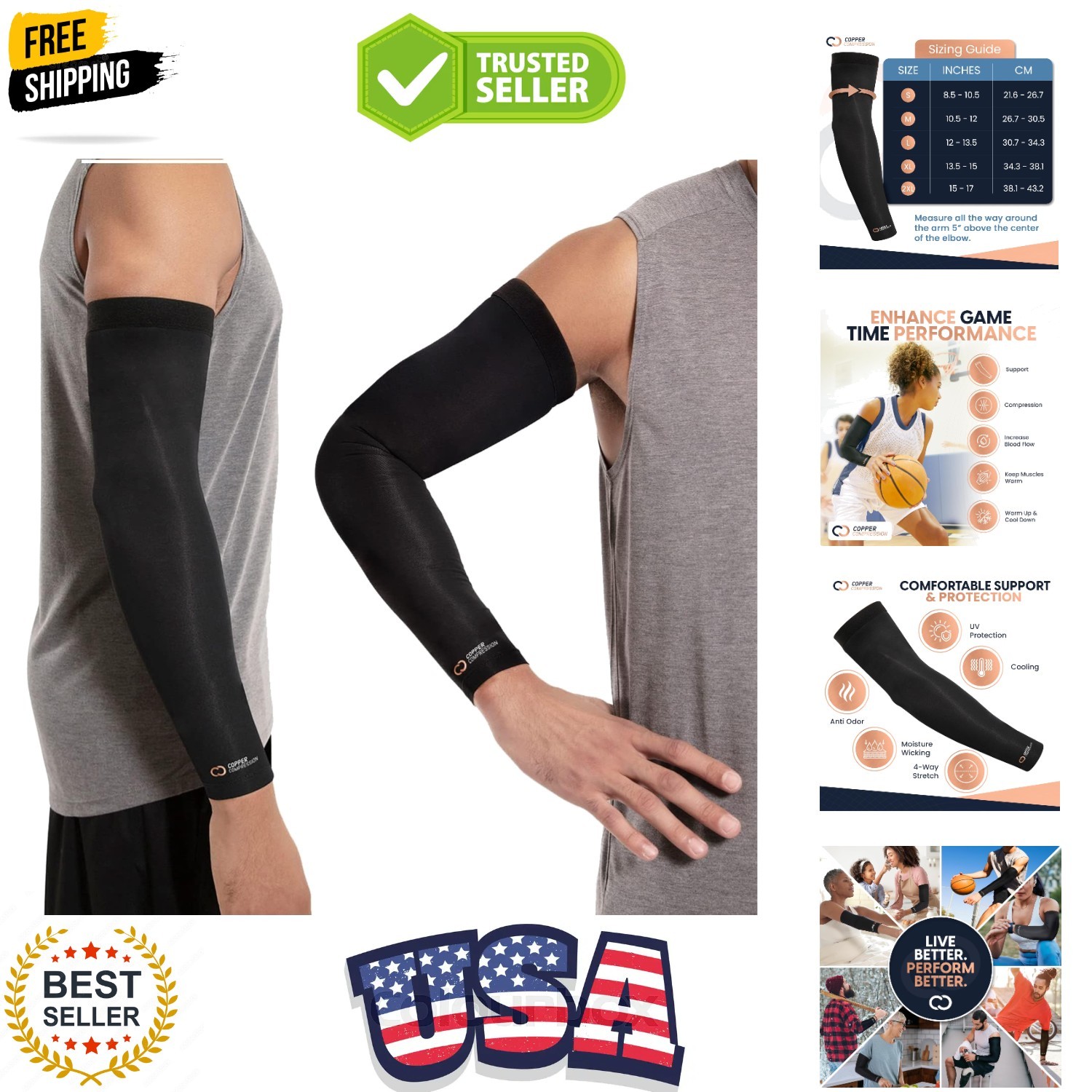 Arm Sleeve – Copper Infused Full Arm Brace for Forearm, Bicep, Triceps – Tenn…