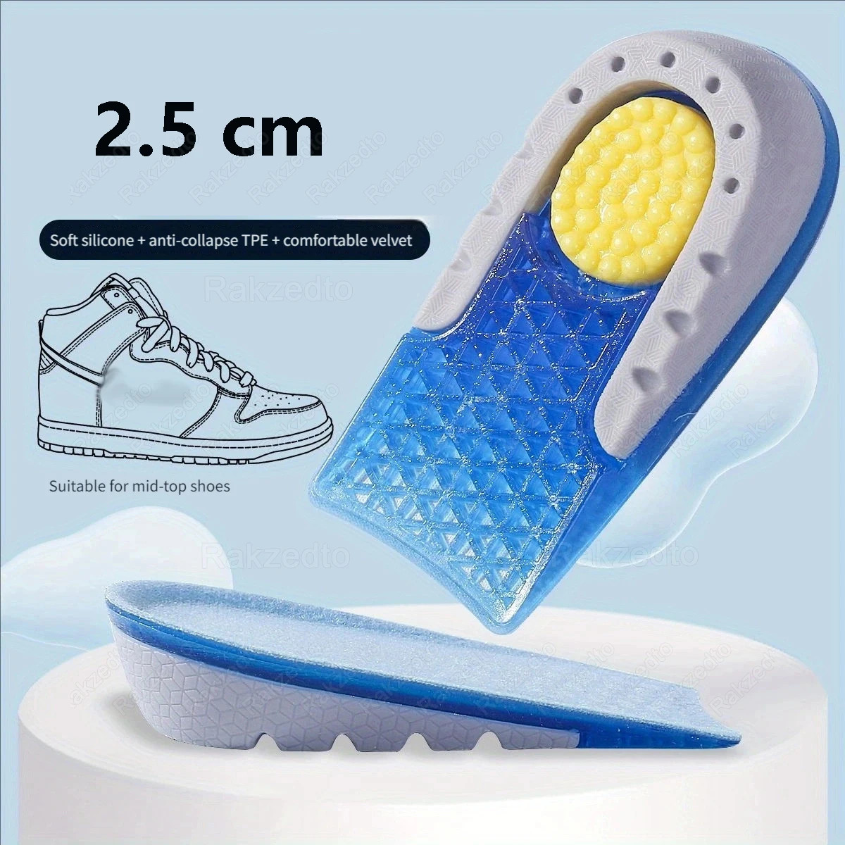 Silicone Height Increase Insoles for Men Women Elastic Heightening Increase Temp