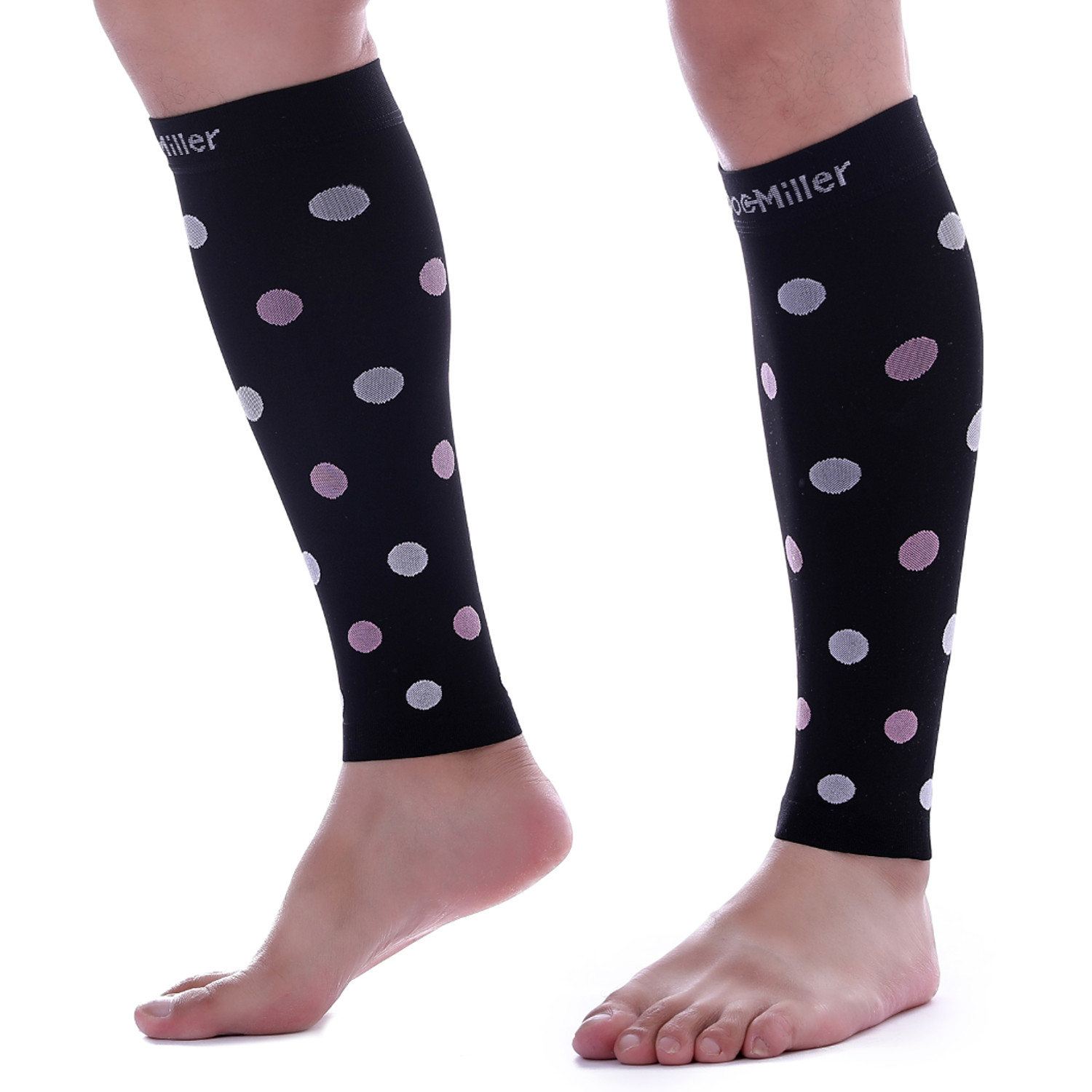 Doc Miller Calf Compression Sleeve 1Pair 20-30mmHg Varicose Polka Dot BLK/PNKWHT