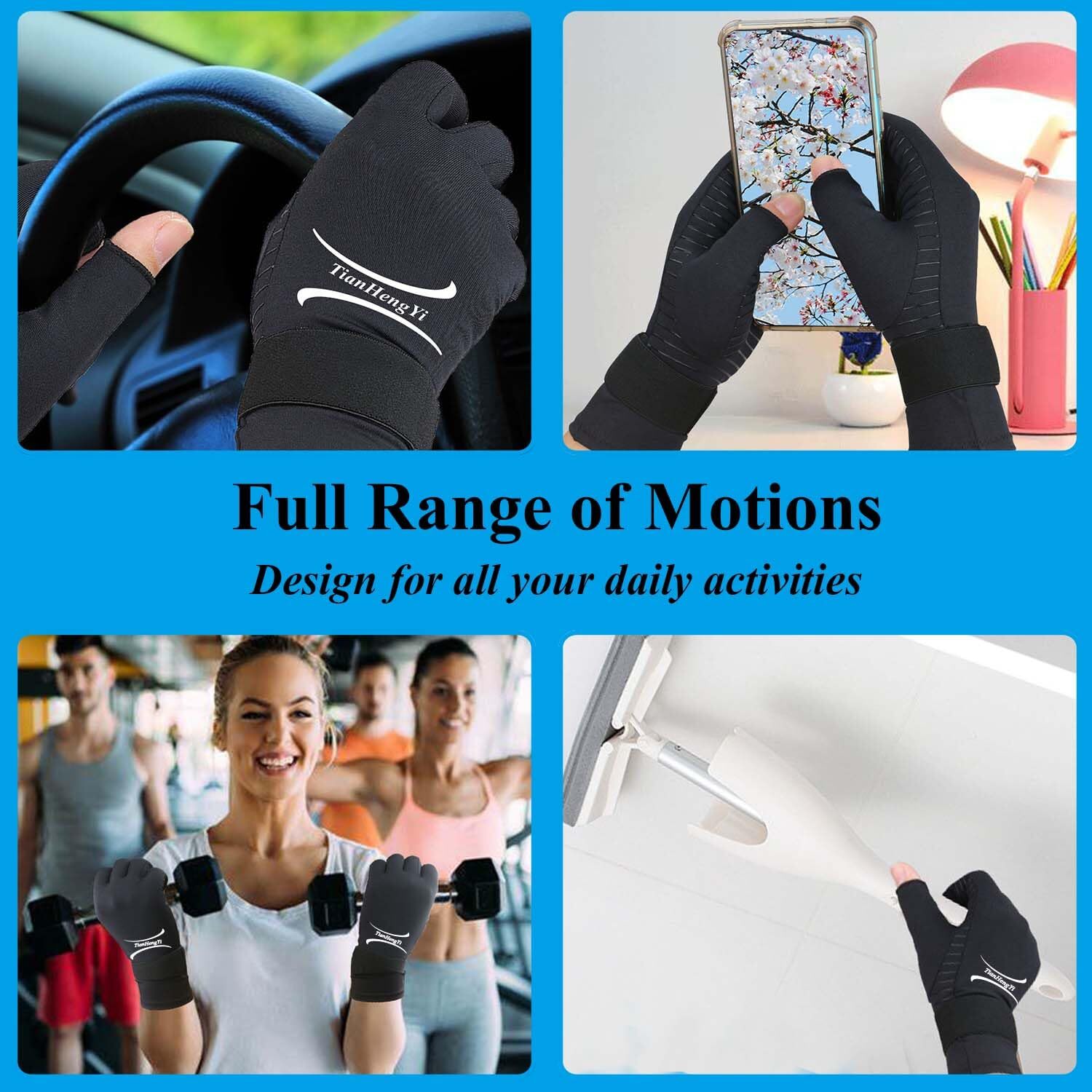 2 Pairs Compression Full Finger Arthritis Gloves Copper Gloves for Carpal Tunnel