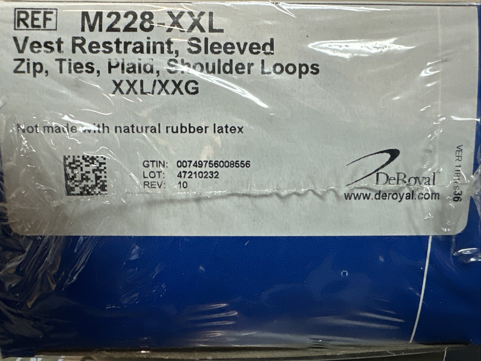 *1-Pack* DeRoyal Vest Restraint, Sleeved Zip, Ties, Plaid, Shoulder Loops XXL