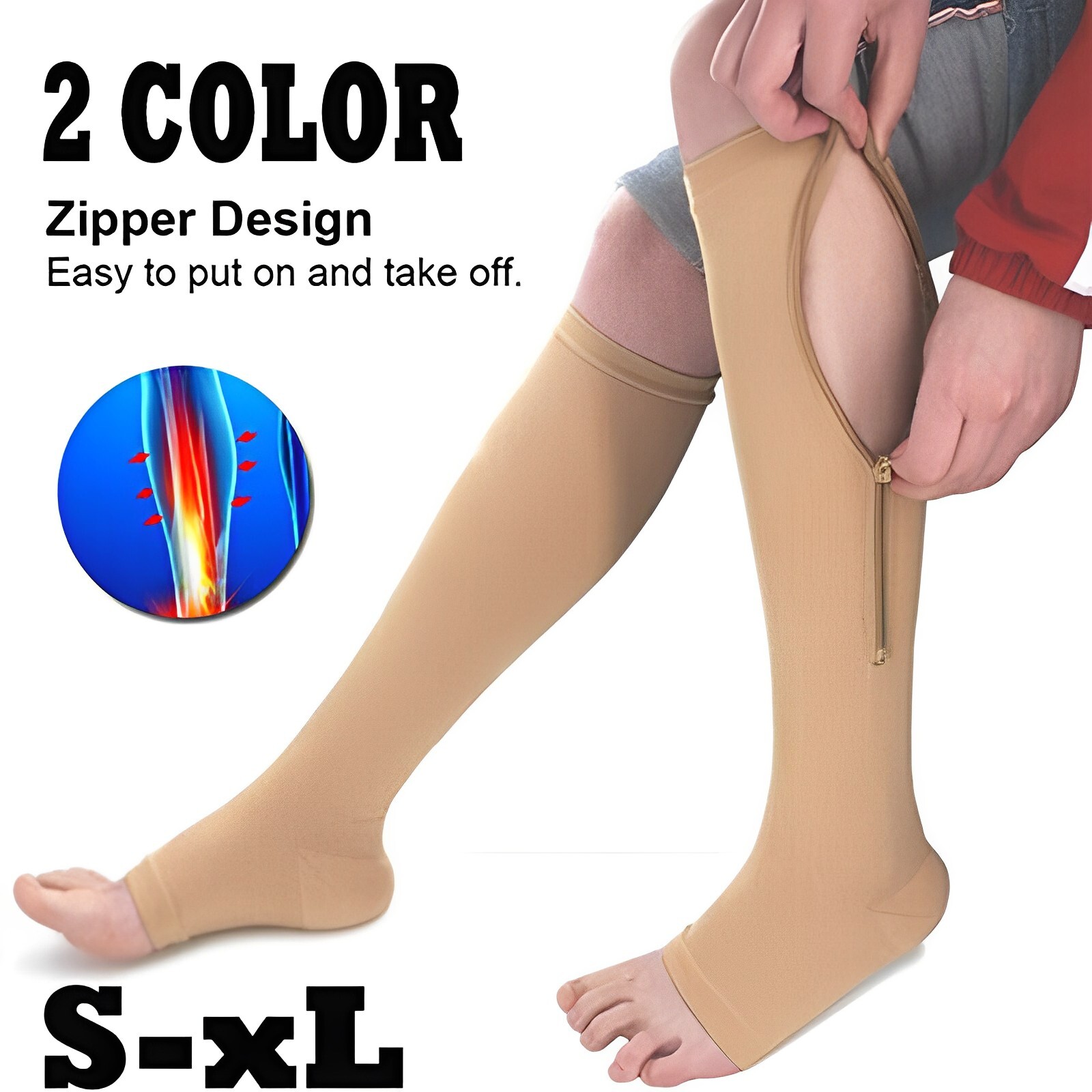 Zipper Open Toe Stockings Performance Compression Socks 20-30 mmgh Below Knee US