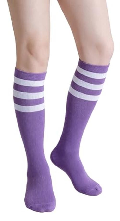 Women Men Knee High Athletic Socks Casual Stripes Retro Tube A02-white/Purple