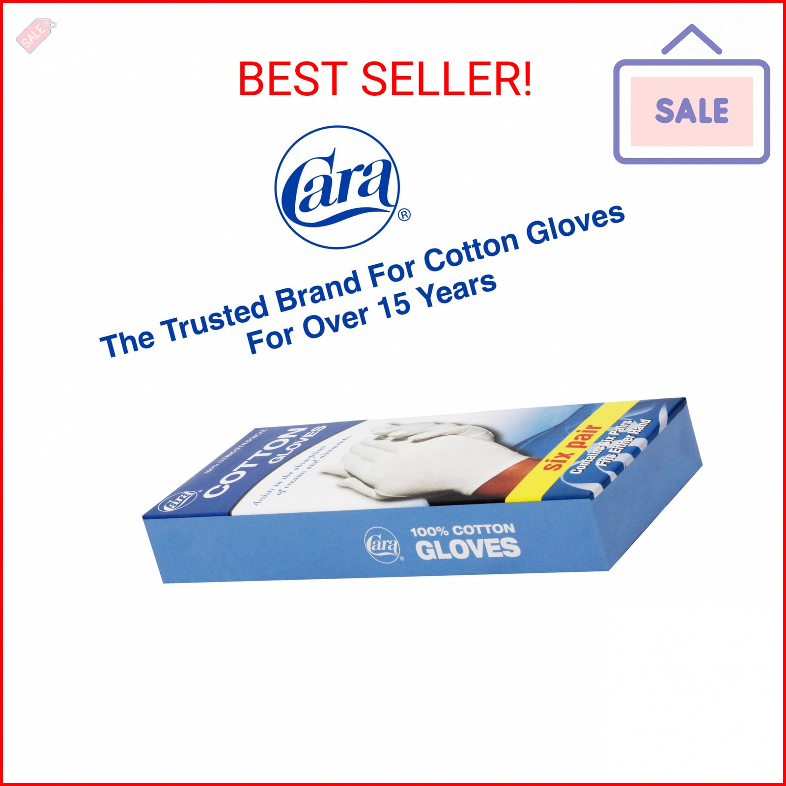 CARA Moisturizing Eczema Cotton Gloves, Large, 6 Pair