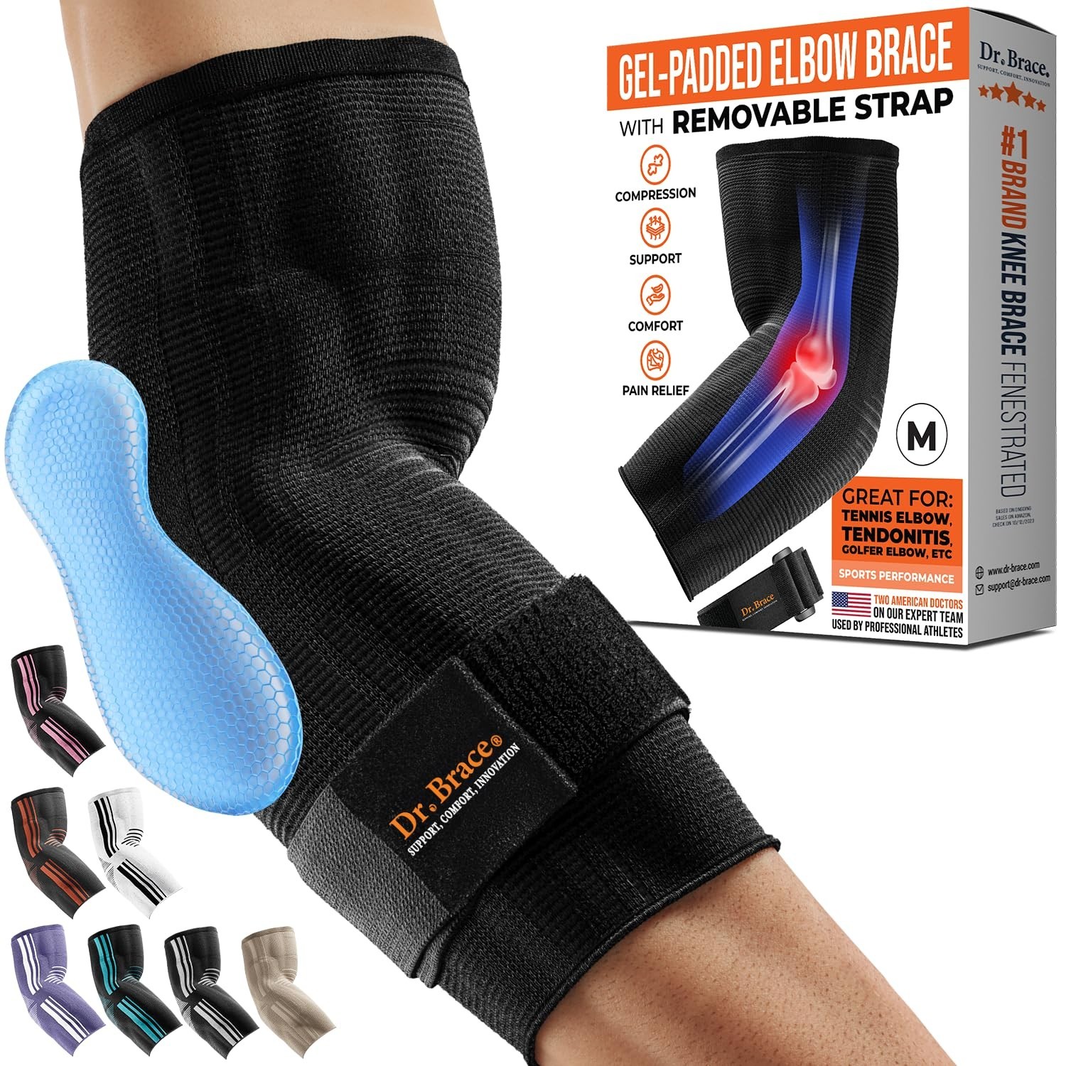 DR. BRACE® ELITE Elbow Brace support, Breathable Compression Sleeve Black Size M