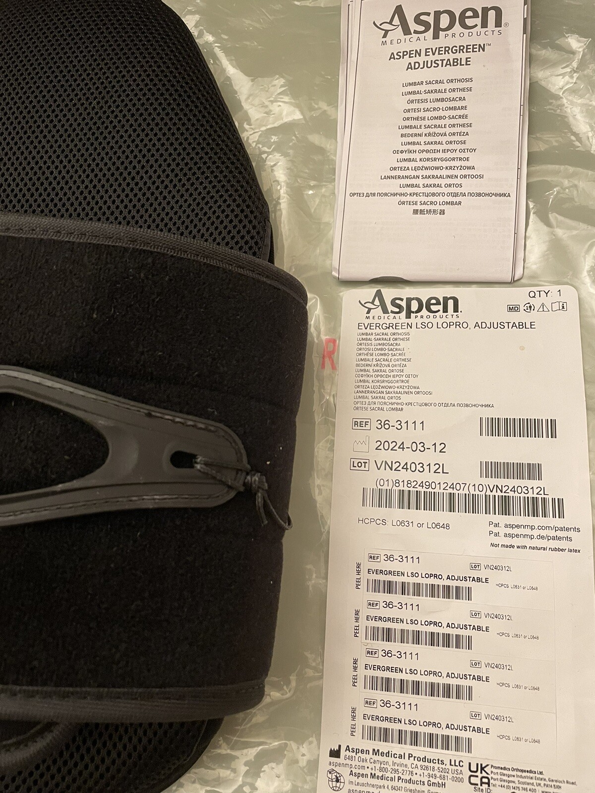 Aspen Medical Evergreen L0631 LSO LoPro Lumbar Support Back Brace Black NEW