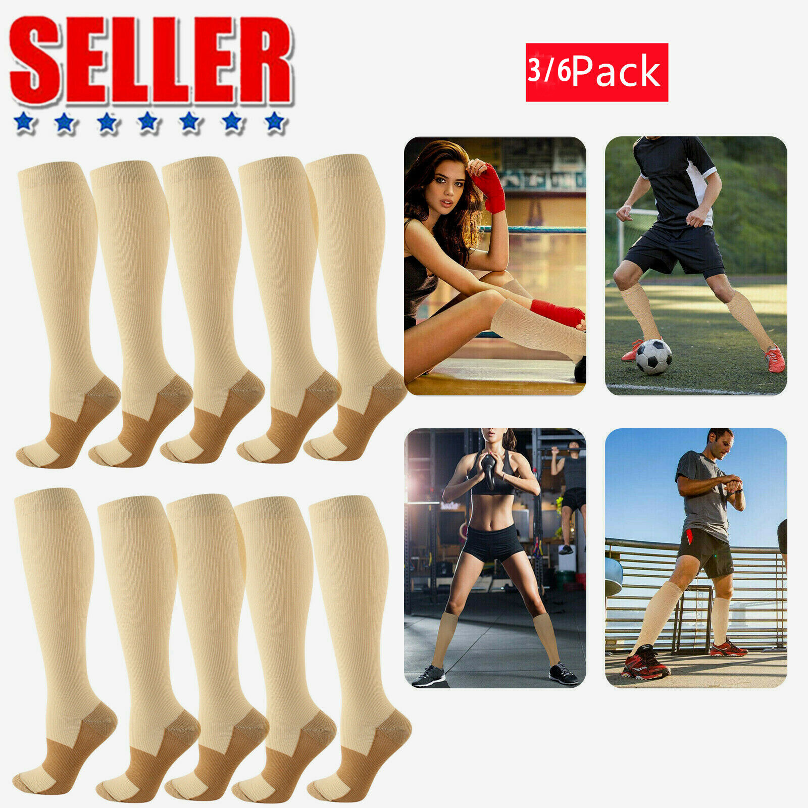 6 Pack Compression Socks (20-30mmHg) Moisture Wicking Cotton Support Stocking US