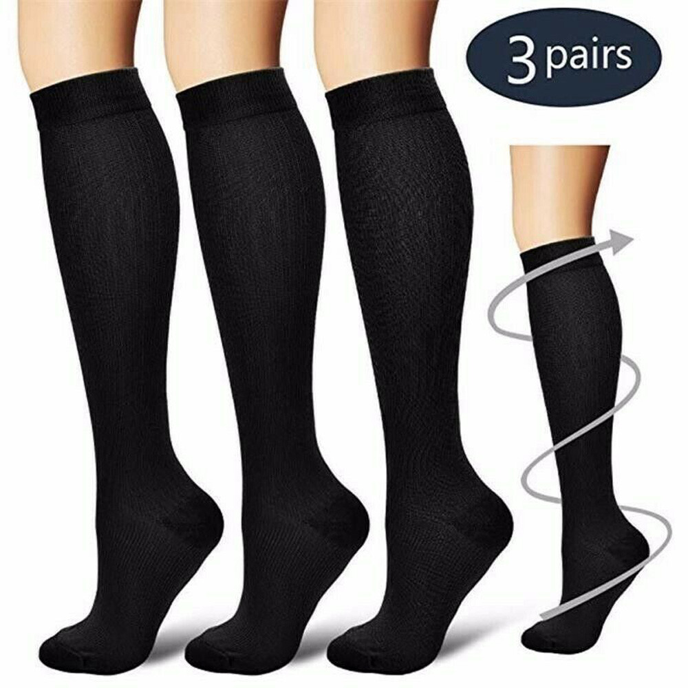3 Pair Ankle Support Compression Socks Hose Opaque Knee High Wide Calf Stockings