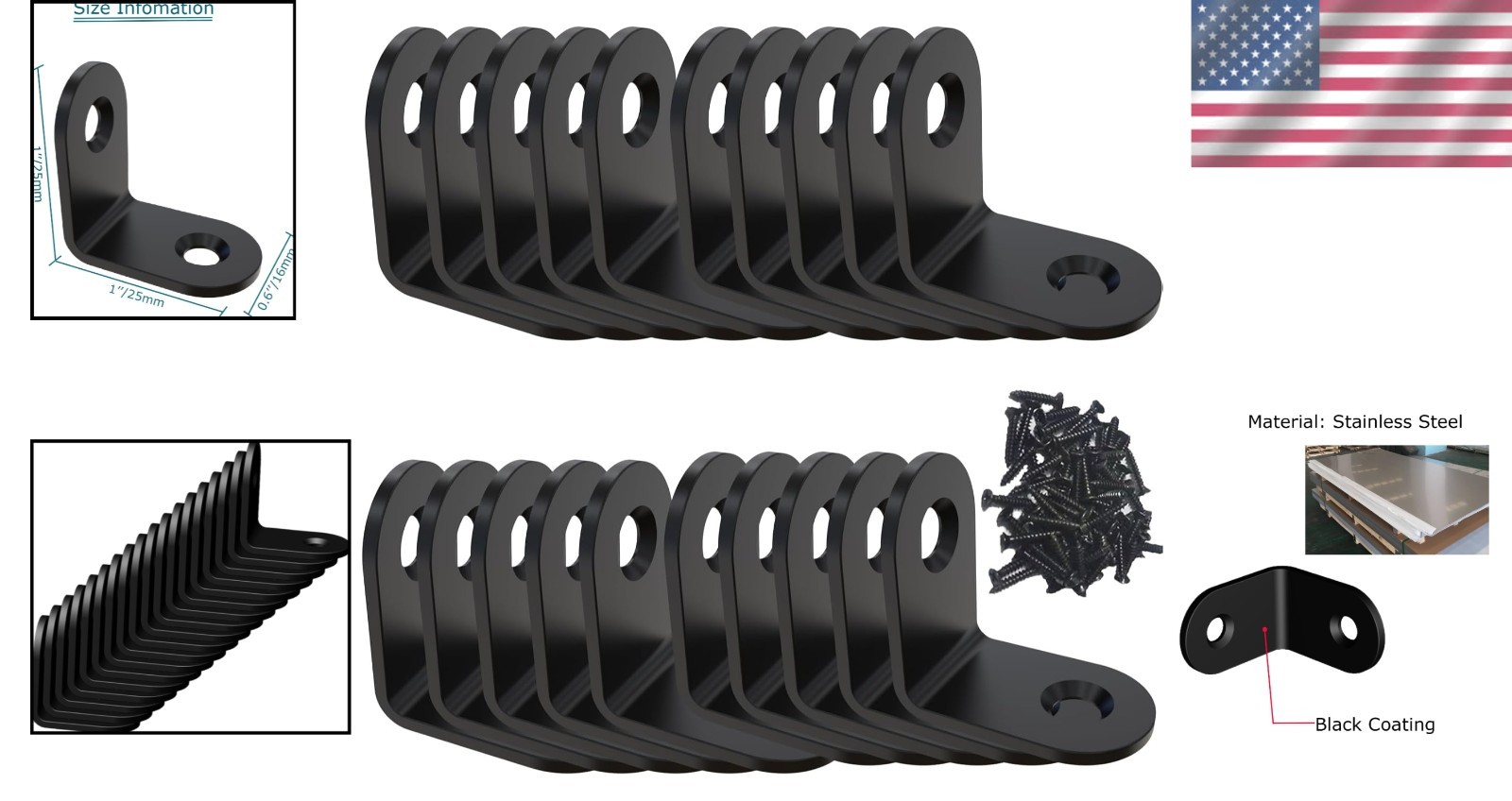 20 Pack Stainless Steel Black Corner Brackets – 1x1x0.6 for Home Projects