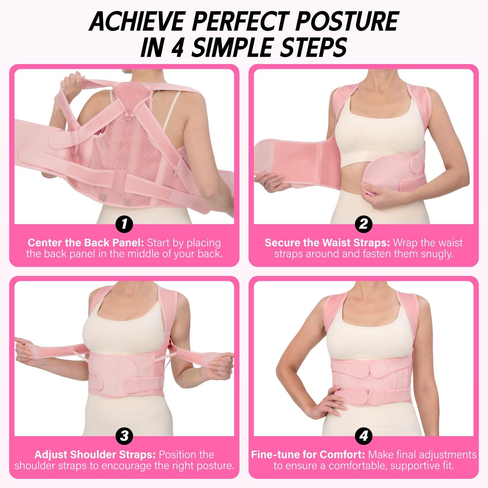 LuxuMach Back Brace Posture Corrector for Women & Men, Medium, Pink