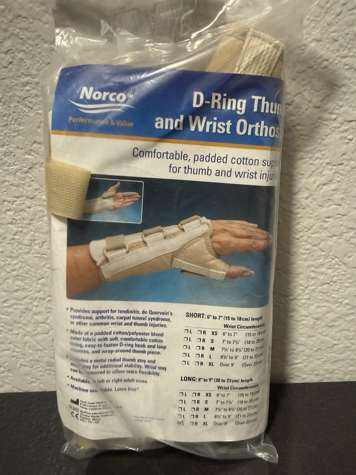 Norco Long D-Ring Thumb/Wrist Splint XXL Beige Latex Free Adjustable NC15826-09