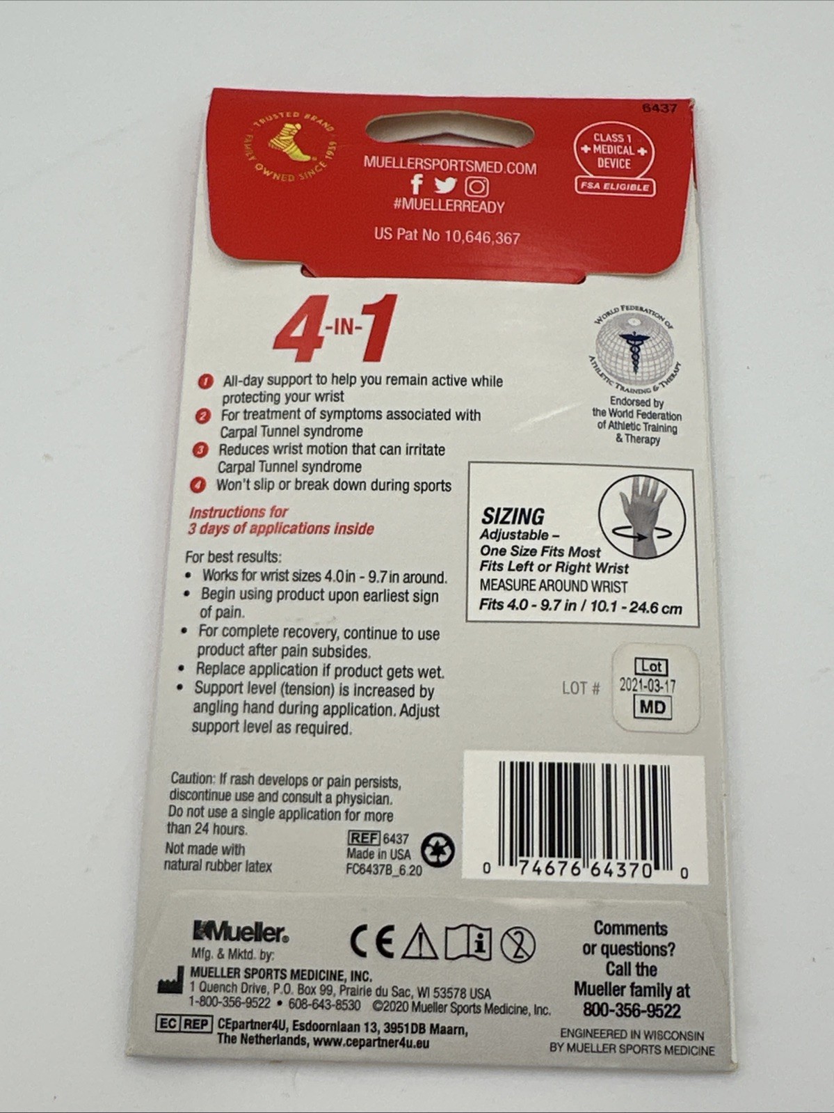 Mueller Carpal Tunnel Pain Relief System: 3 applications / fits 4 in. to 9.75 in