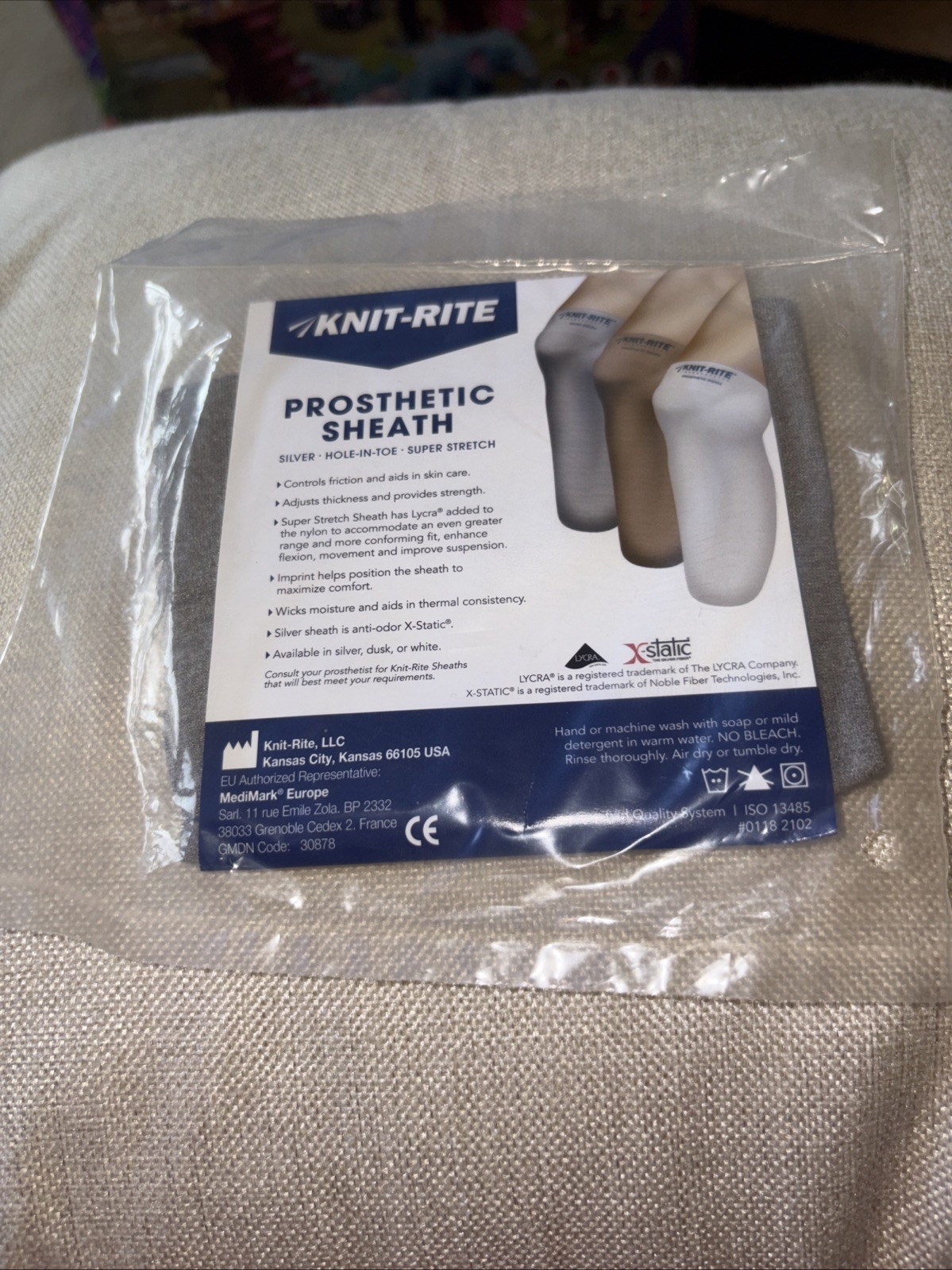 Knit-Rite Silver Prosthetic Sheath Hole-In-Toe Super Stretch New Sealed-X-Static