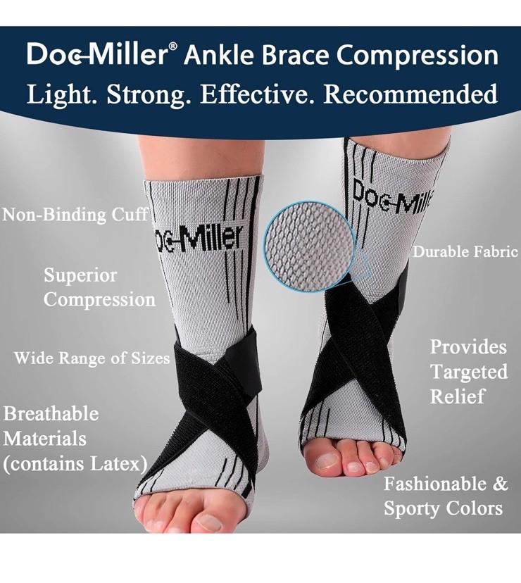 Doc Miller Ankle Compression Sleeves With Strap 1 Pair Plantar Fasciitis Gray, L