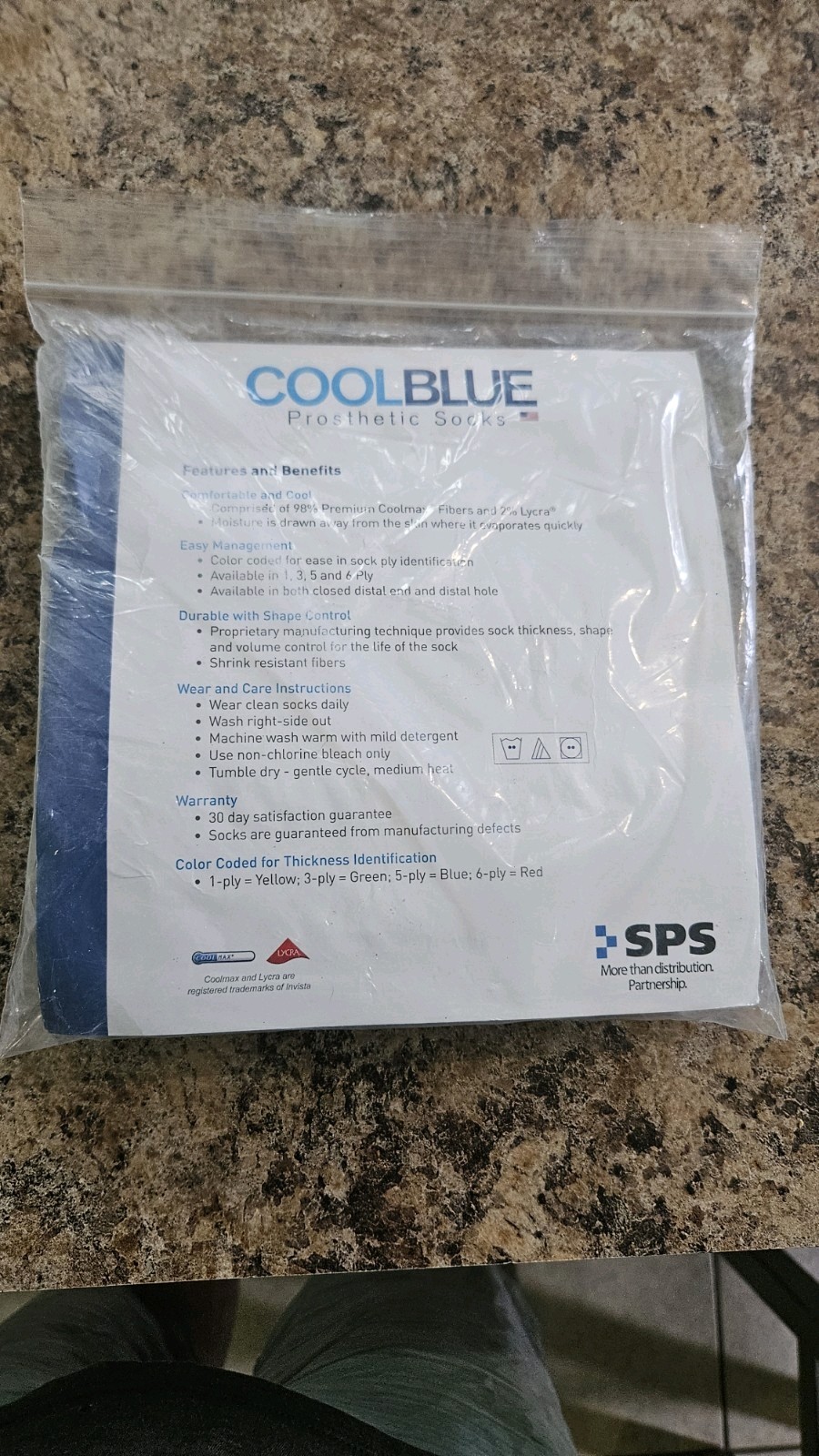 Cool Blue 3 Ply Prosthetic Sock CB1HWRGZ Sewn Hole Size 3, 4 Length 16-20” NEW