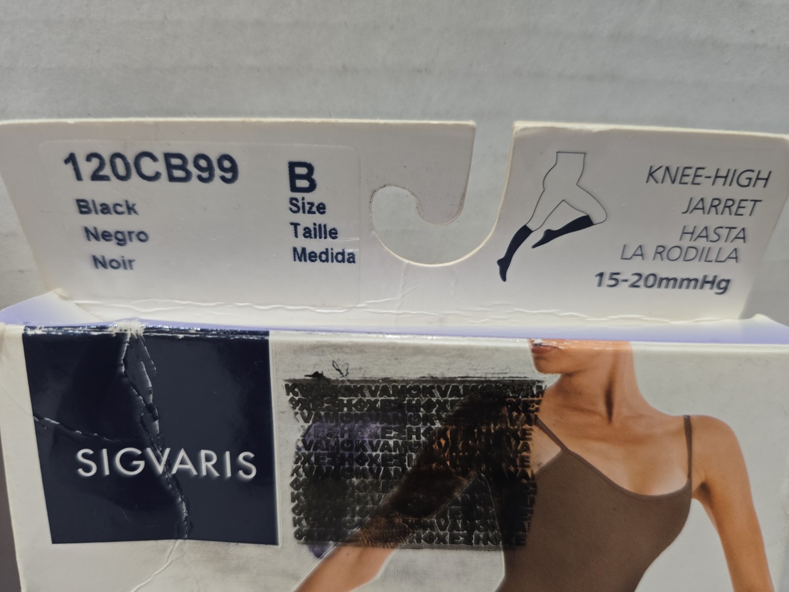 Sigvaris Well Being womens Sheer Fashion 15-20mmHg KNEE HIGH sz B Black/ Sun Tan