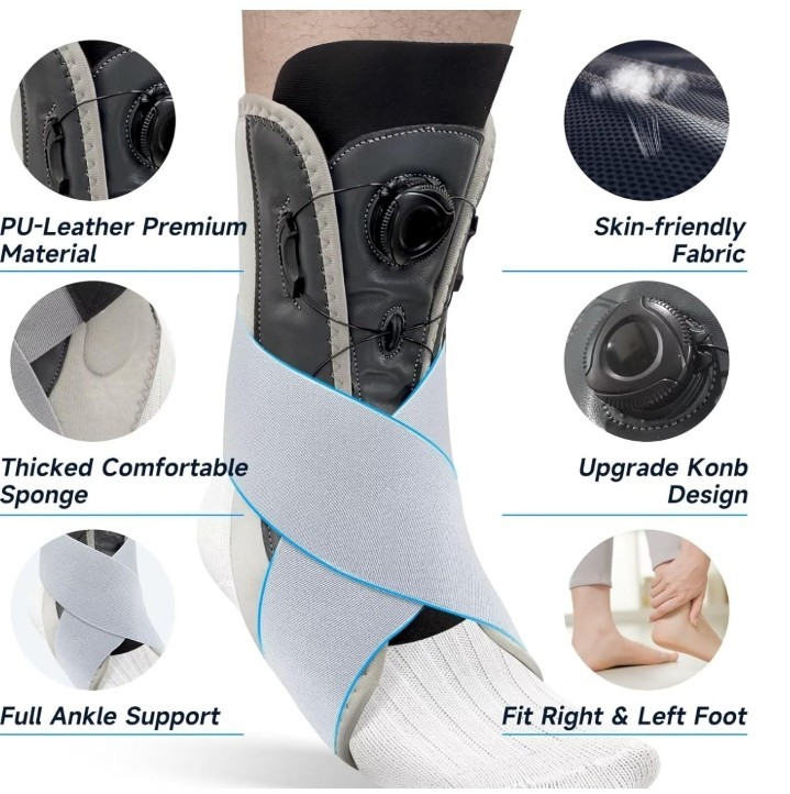 Knob-Adjustable Ankle Brace w/ Removable Stabilizers – L Size – Plantar Fasciiti