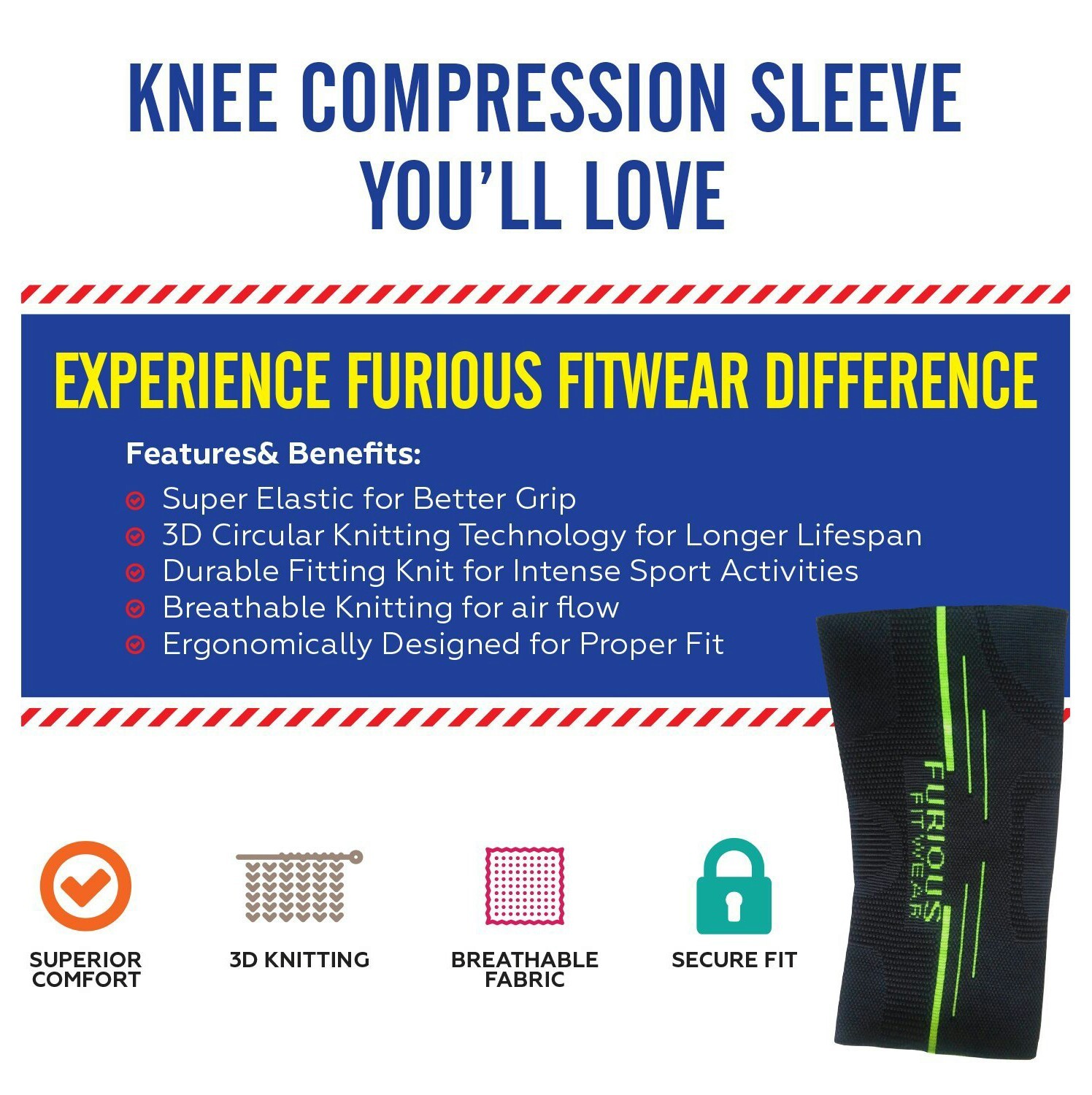 Knee Compression Sleeve for Running, Basketball, Weightlifting, Squats, Muscle