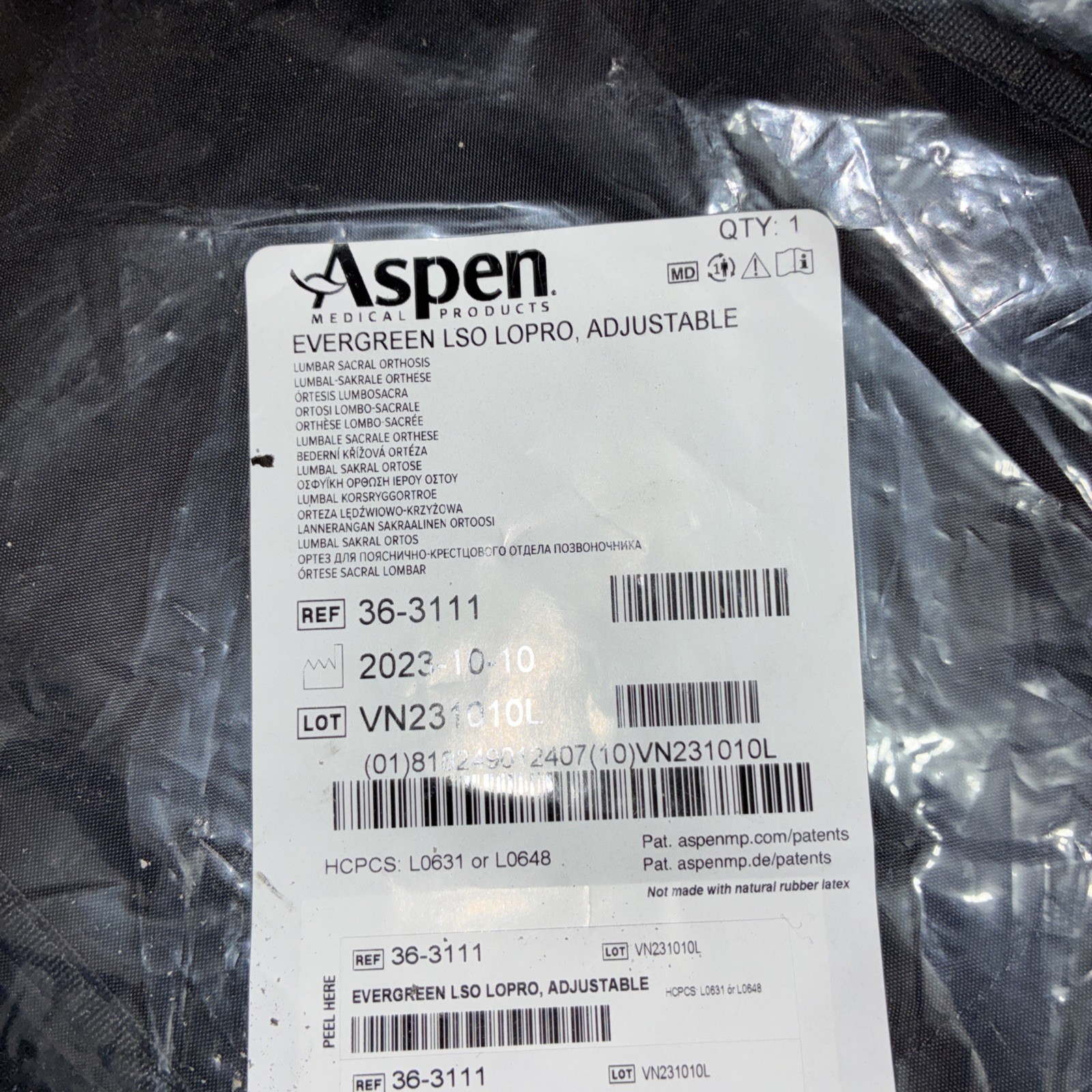 Aspen Medical Evergreen LSO LoPro Lumbar Support Back Brace Adjustable