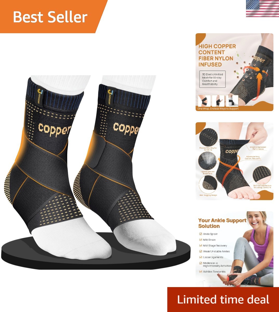 All-Day Adjustable Copper Ankle Support – Ideal for Sprains & Plantar Fasciitis