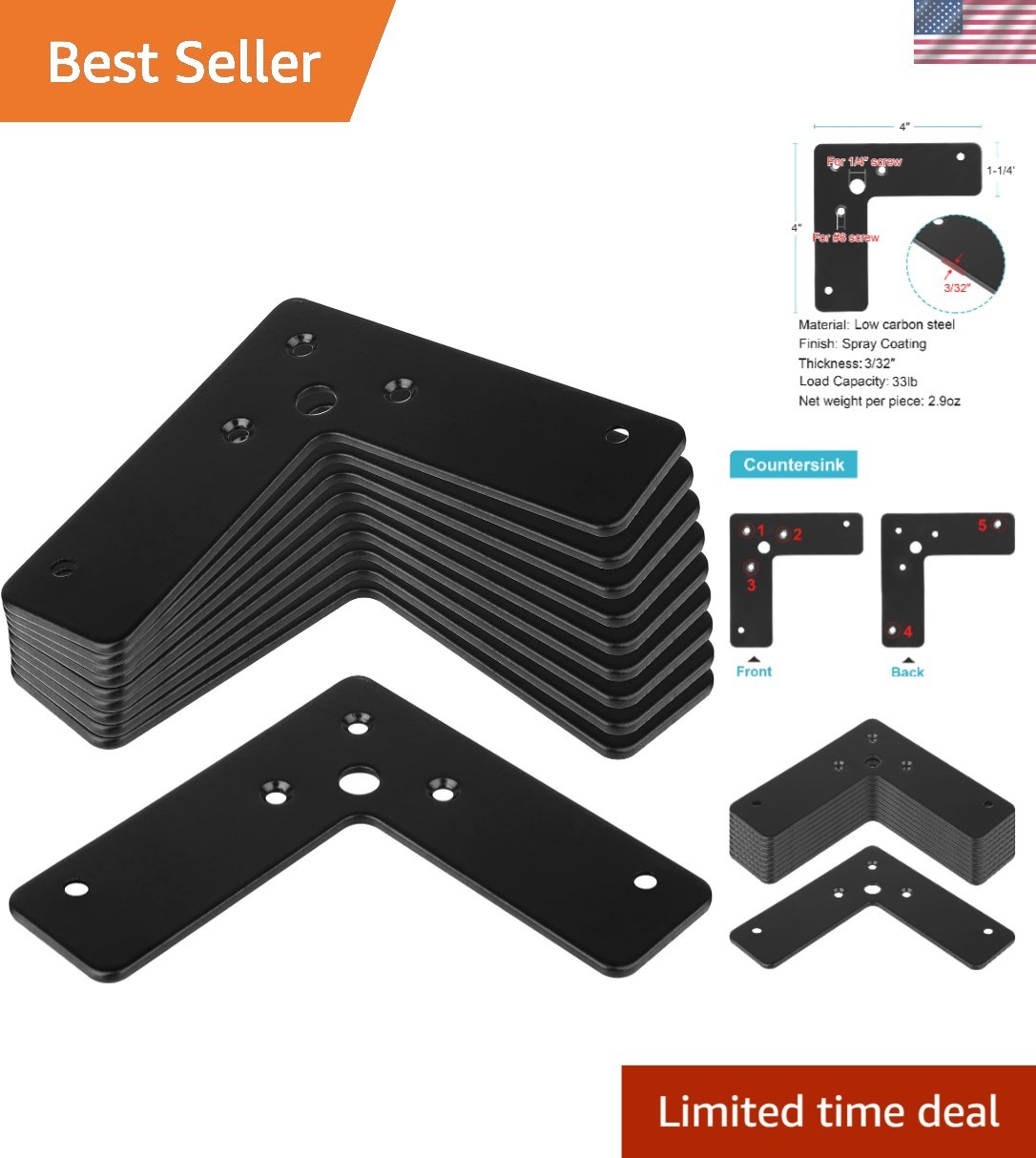 Versatile 10-Piece 4″x4″ L-Shaped Braces – Rust-Resistant Reinforcement Plates