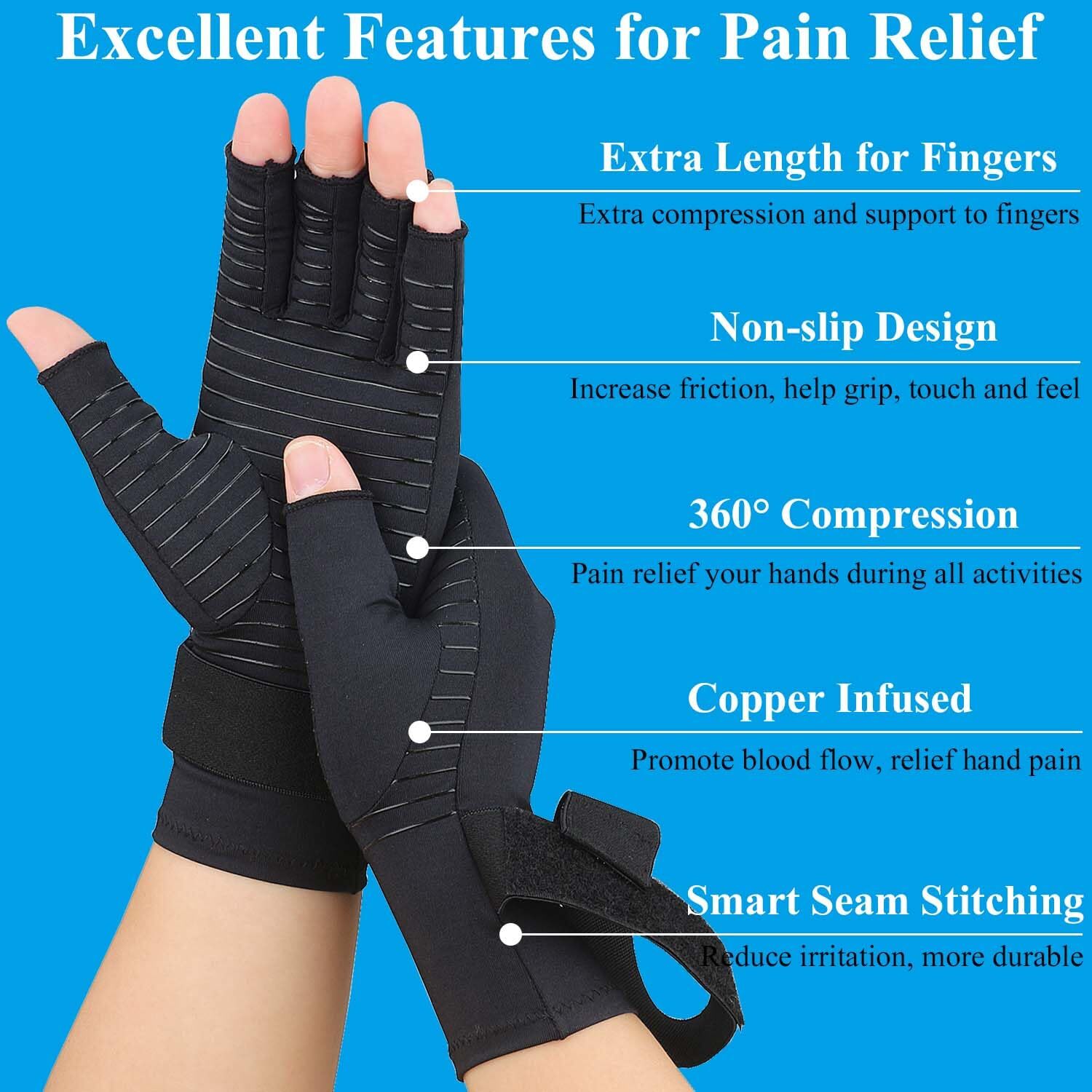 2 Pairs Compression Full Finger Arthritis Gloves Copper Gloves for Carpal Tunnel