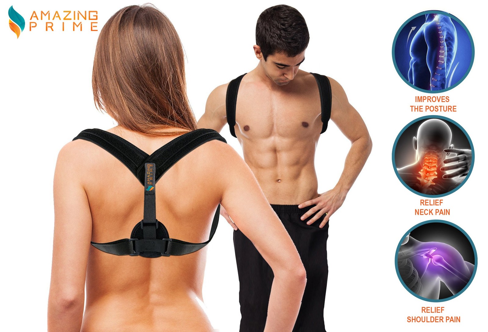 Amazing Prime Back Support Brace & Posture Corrector for Men, One Size, Black