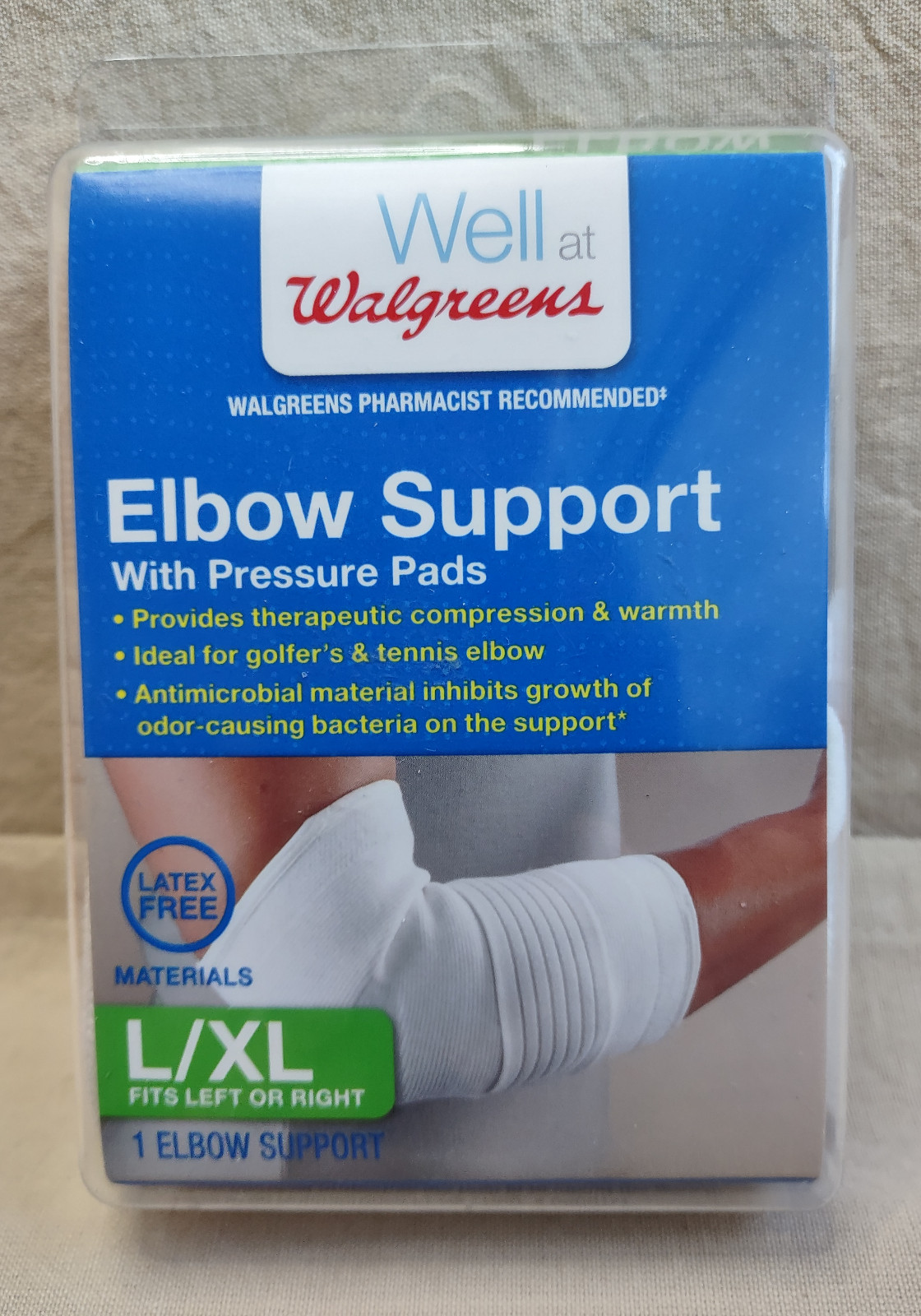 Health Walgreens Elbow Support w/Pressure Pads L/XL Latex-Free Antimicrobial L/R