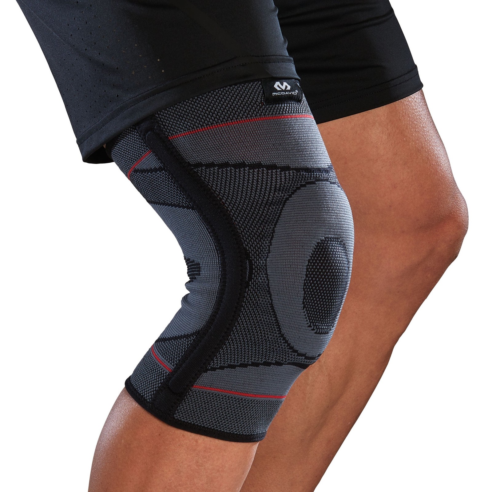 GRAY/BLACK/RED – MCDAVID KNEE COMPRESSION KNIT SLEEVE GEL BUTTRESS SMALL/MEDIUM