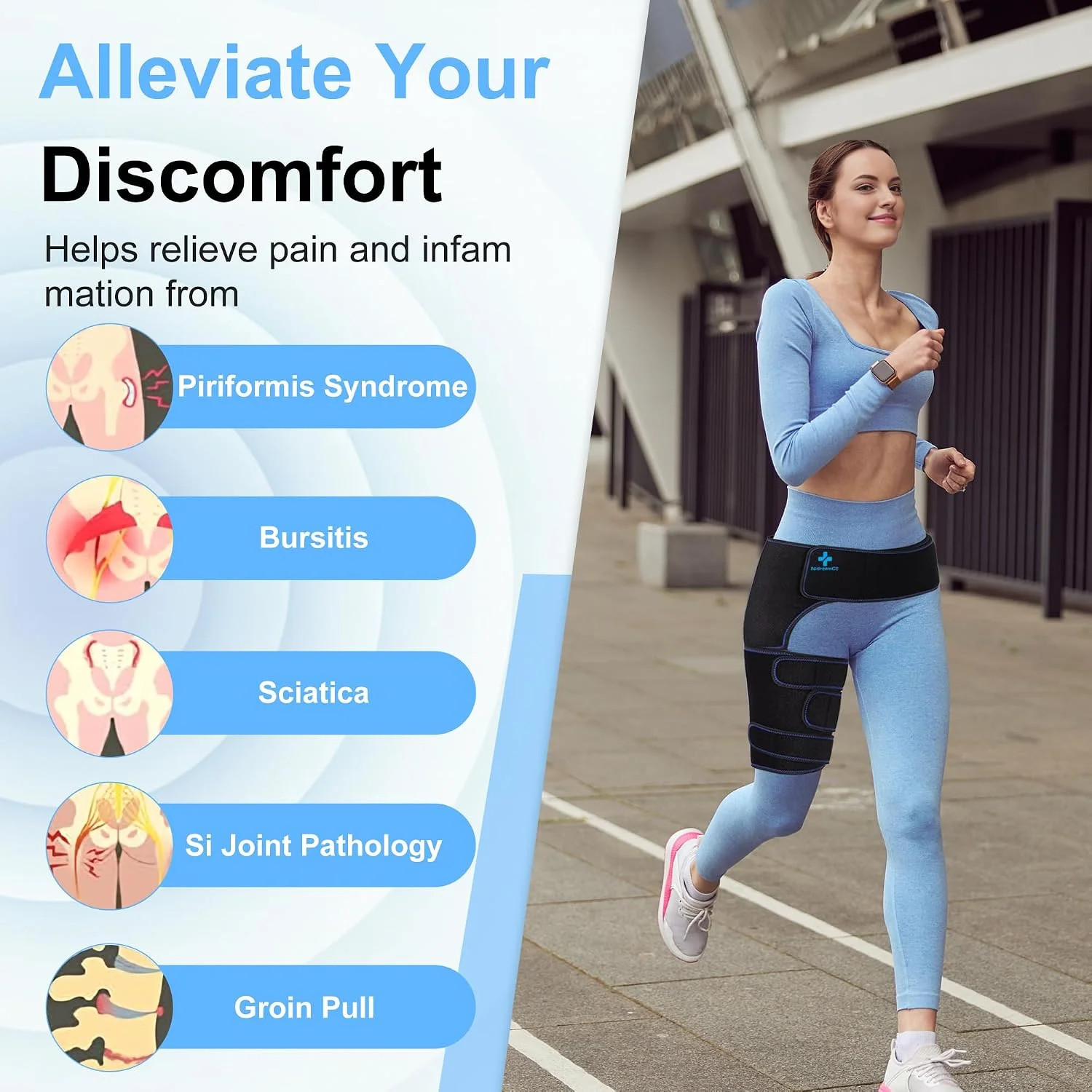 Hip Brace for Sciatica Pain Relief Devices Adjustable Hamstring,Thigh,Right