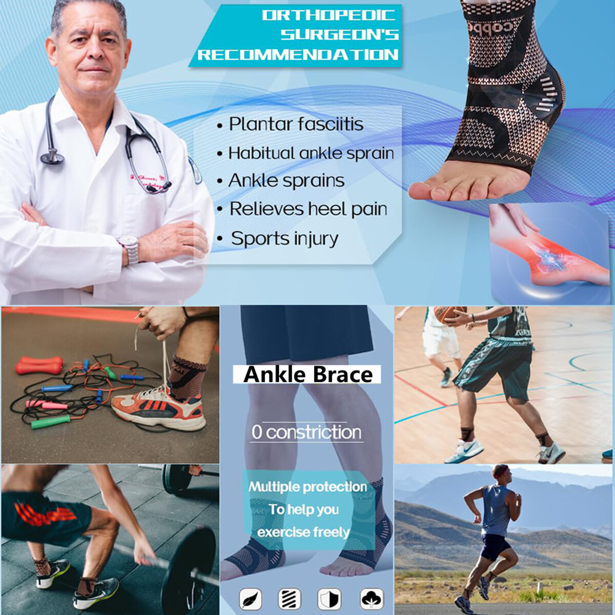 Copper Ankle Support Brace Compression Sleeve Socks Stabilizer Foot Pain Relief