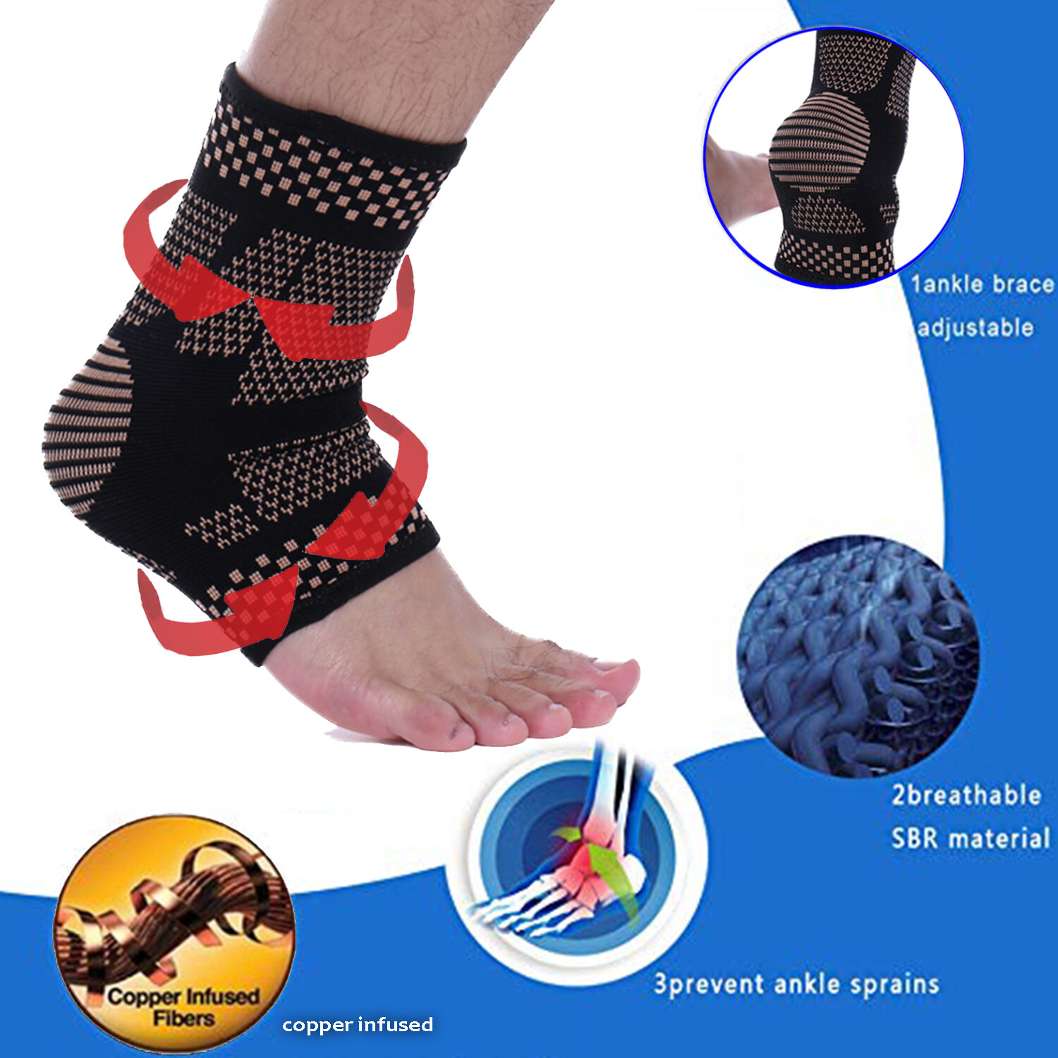 Copper Ankle Support Brace Compression Sleeve Foot Pain Relief Sprain Sport