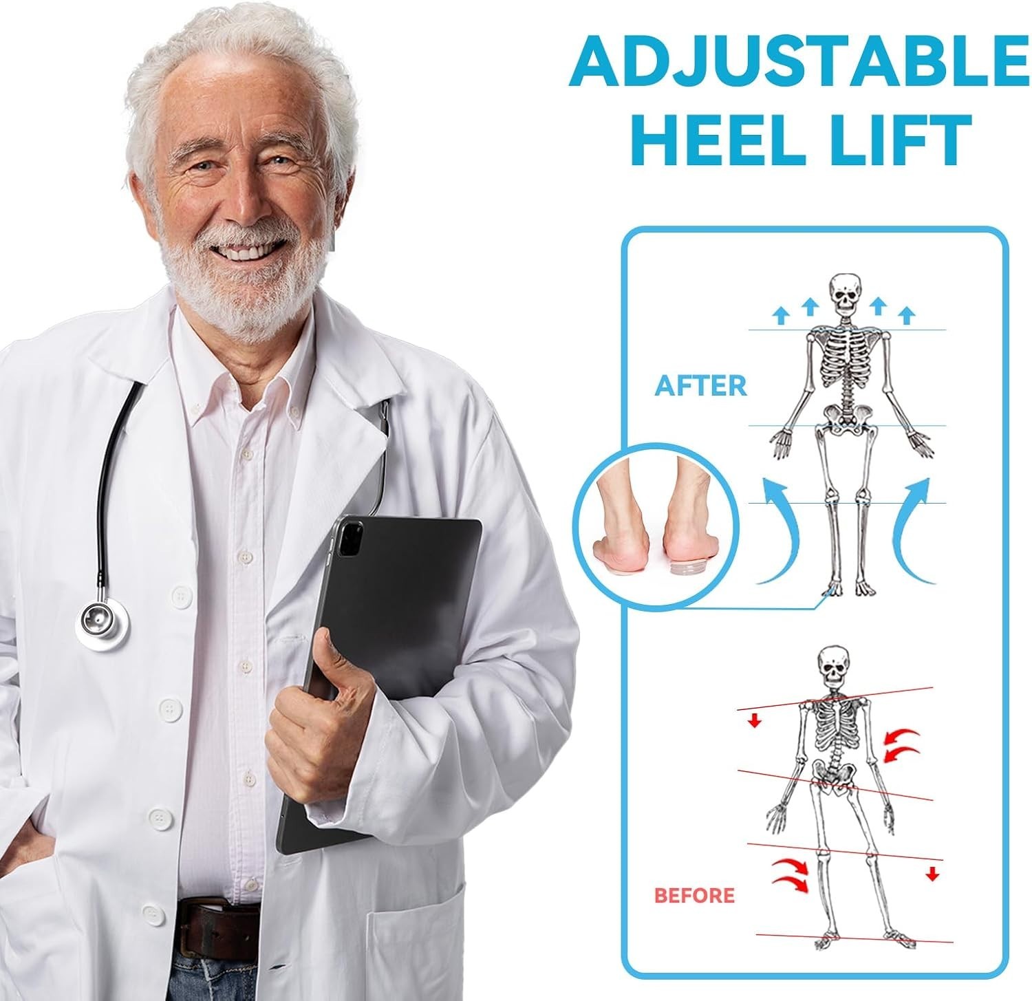 Adjustable Gel Heel Lifts (1 Pair), 1″ Height Increase Insoles with High-Density