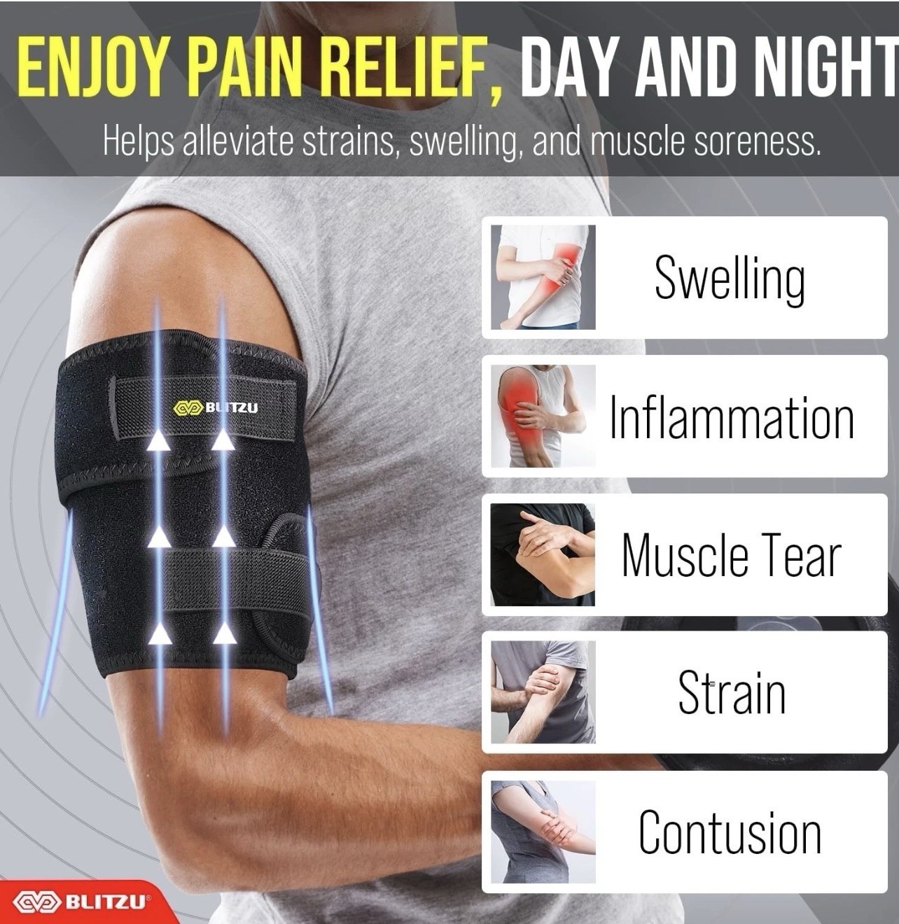 Blitzu Bicep Tendonitis Small/Medium Brace, Upper Arm Wrap, Tricep Comp Sleeve