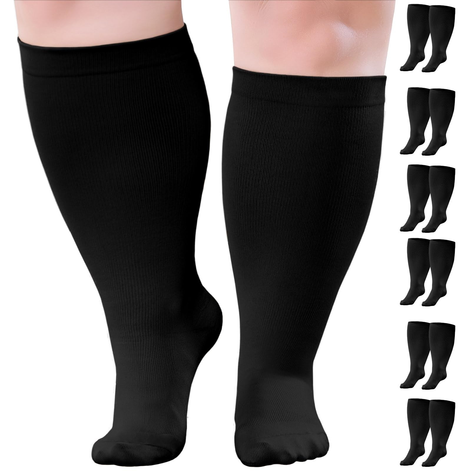 6 Pairs Wide Calf Compression Socks 20-30mmHg for Men & Women, Extra Support for
