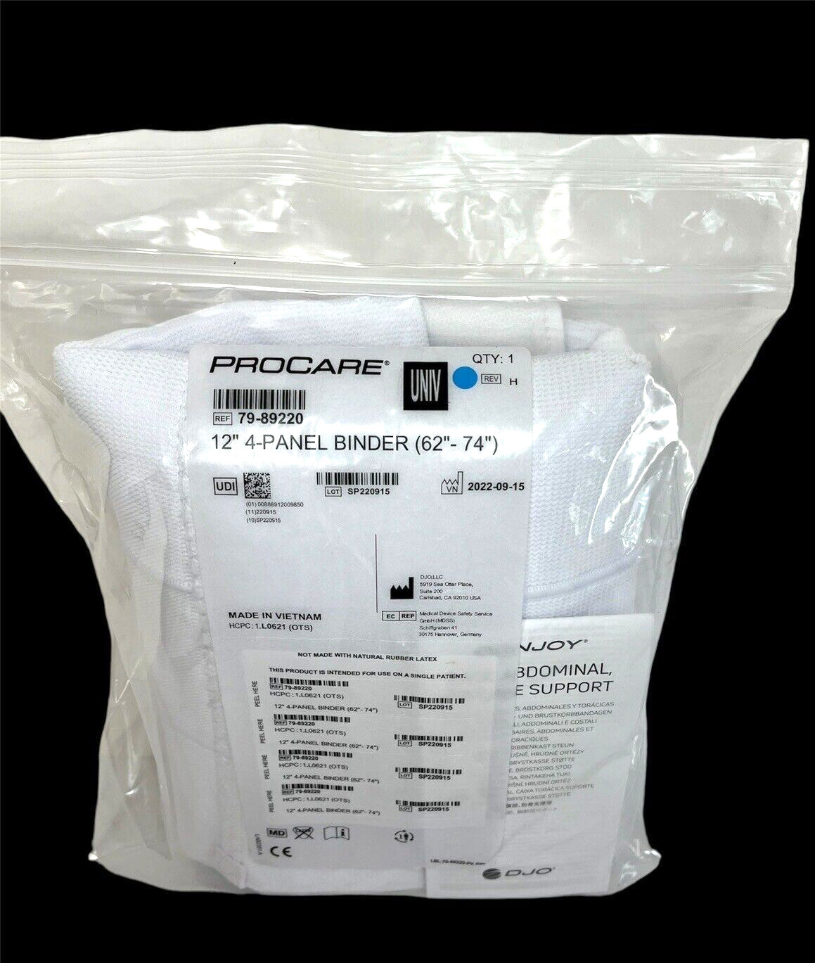 Back Abdominal Rib Cage Support 4 Panel Binder 62” – 74” XL White Donjoy Procare