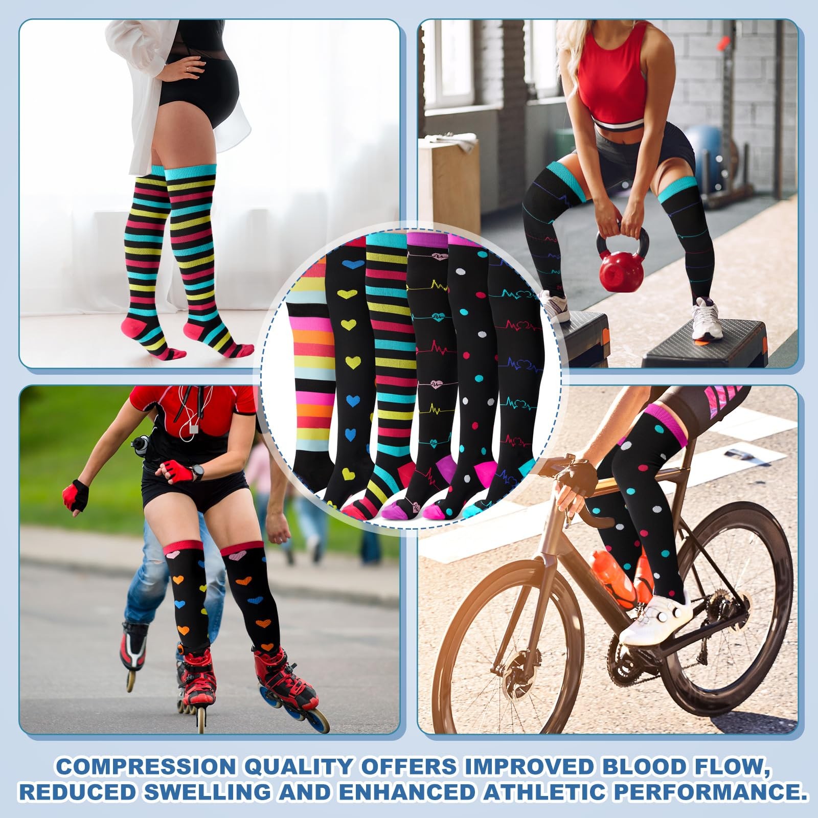 Chicingyo 6 Pairs Thigh High Compression Socks for 15-20 mmHg, Multicolor