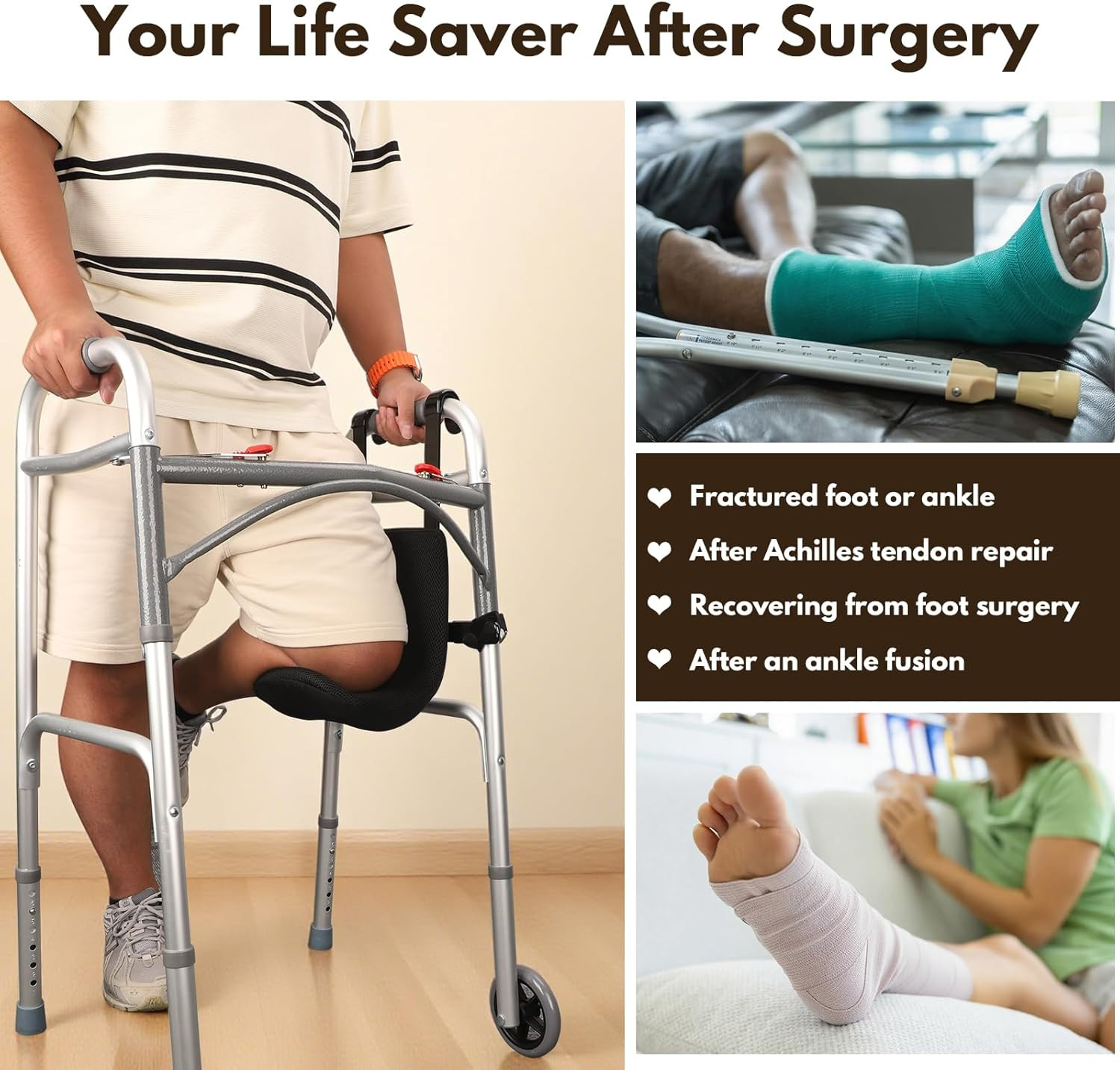 Knee Sling for Walker – Cushioned Support up to 300Lbs for Recovery