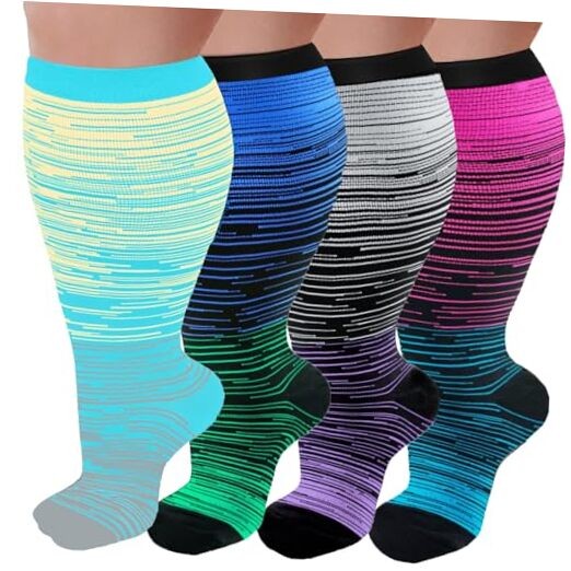 4 Pairs Plus Size Compression Socks XX-Large 01- Red/Dark Blue/White/Light Blue