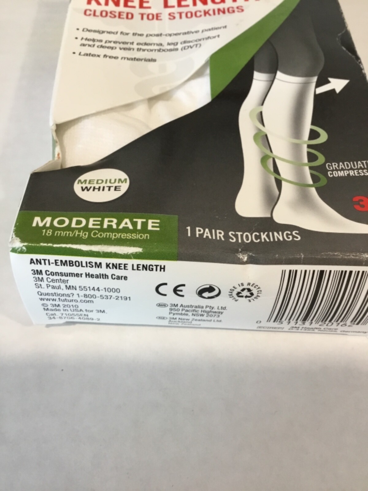 NIB FUTURO Anti-Embolism Knee Length Stockings Closed Toe 18mmHg White M