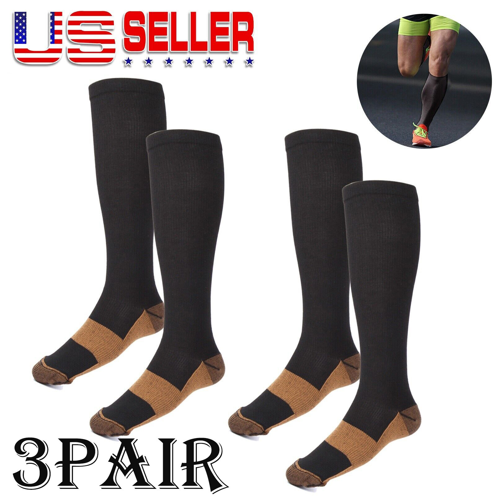 3 Pairs Copper Compression Socks 15-20mm Hg Knee High Mens / Womens S-XXL USA