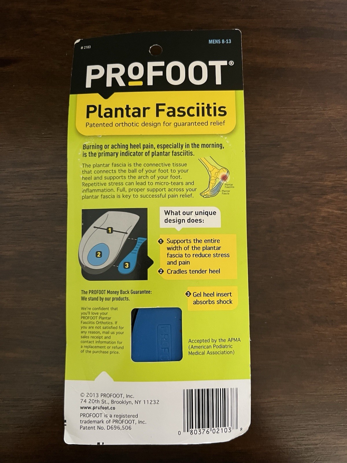PROFOOT Plantar Fasciitis Orthotics, Men’s 8-13, 1 Pair