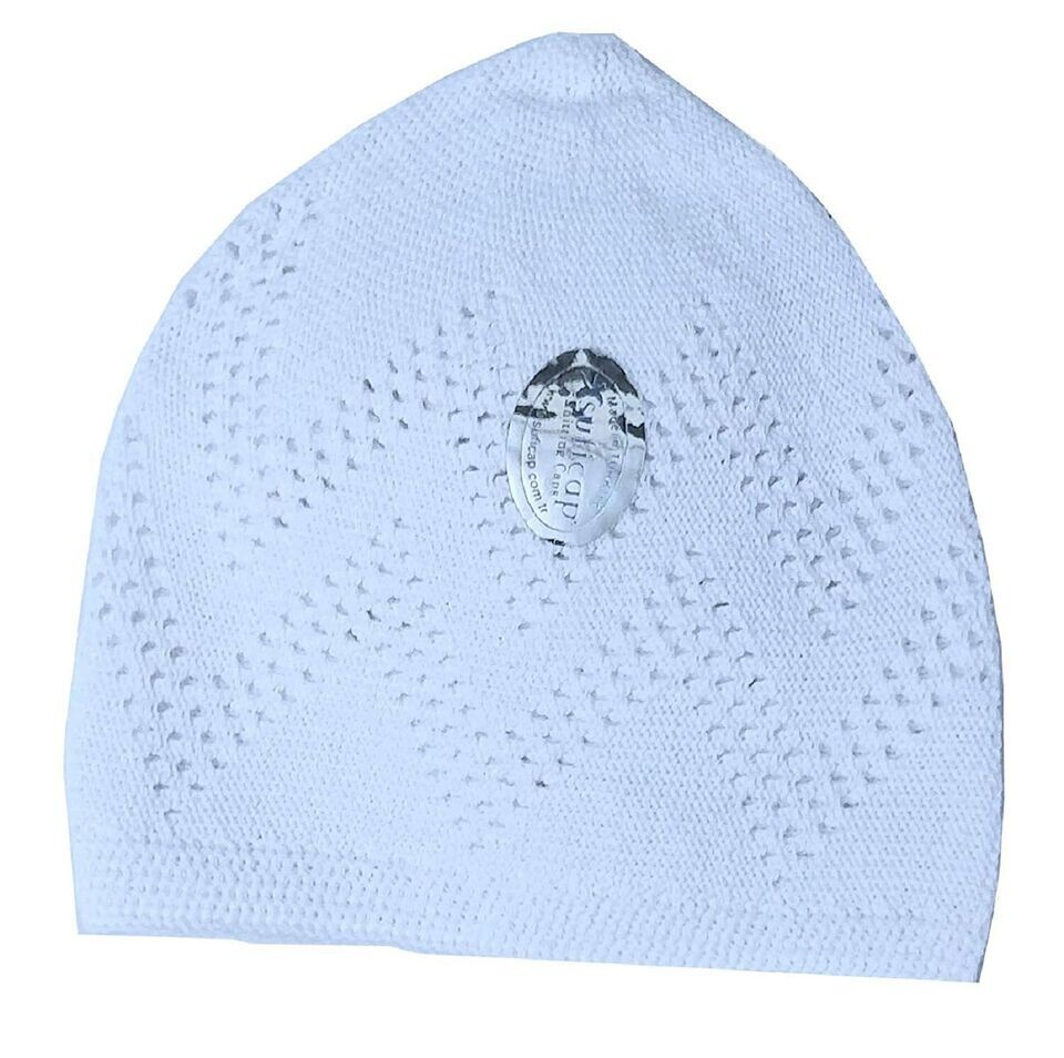 Muslim White Cotton Open-Knit Turkish Islamic Skull Kufi Cap Kuffiyeh Hat